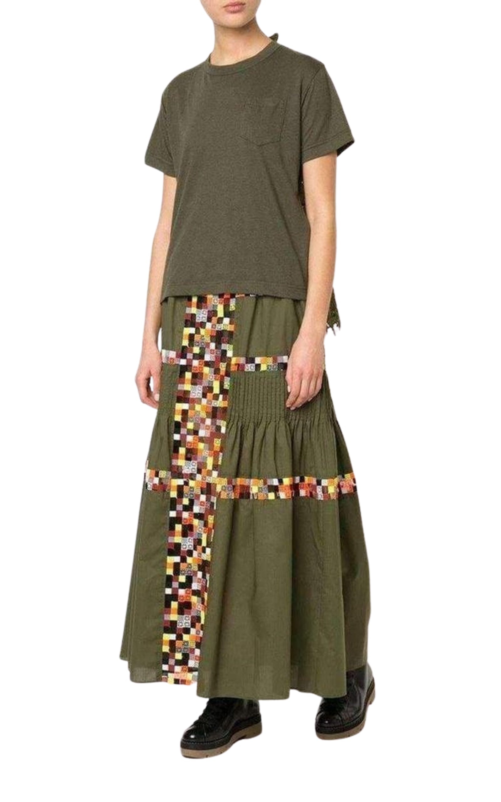 Military Green Embroidered Long Skirt - 2