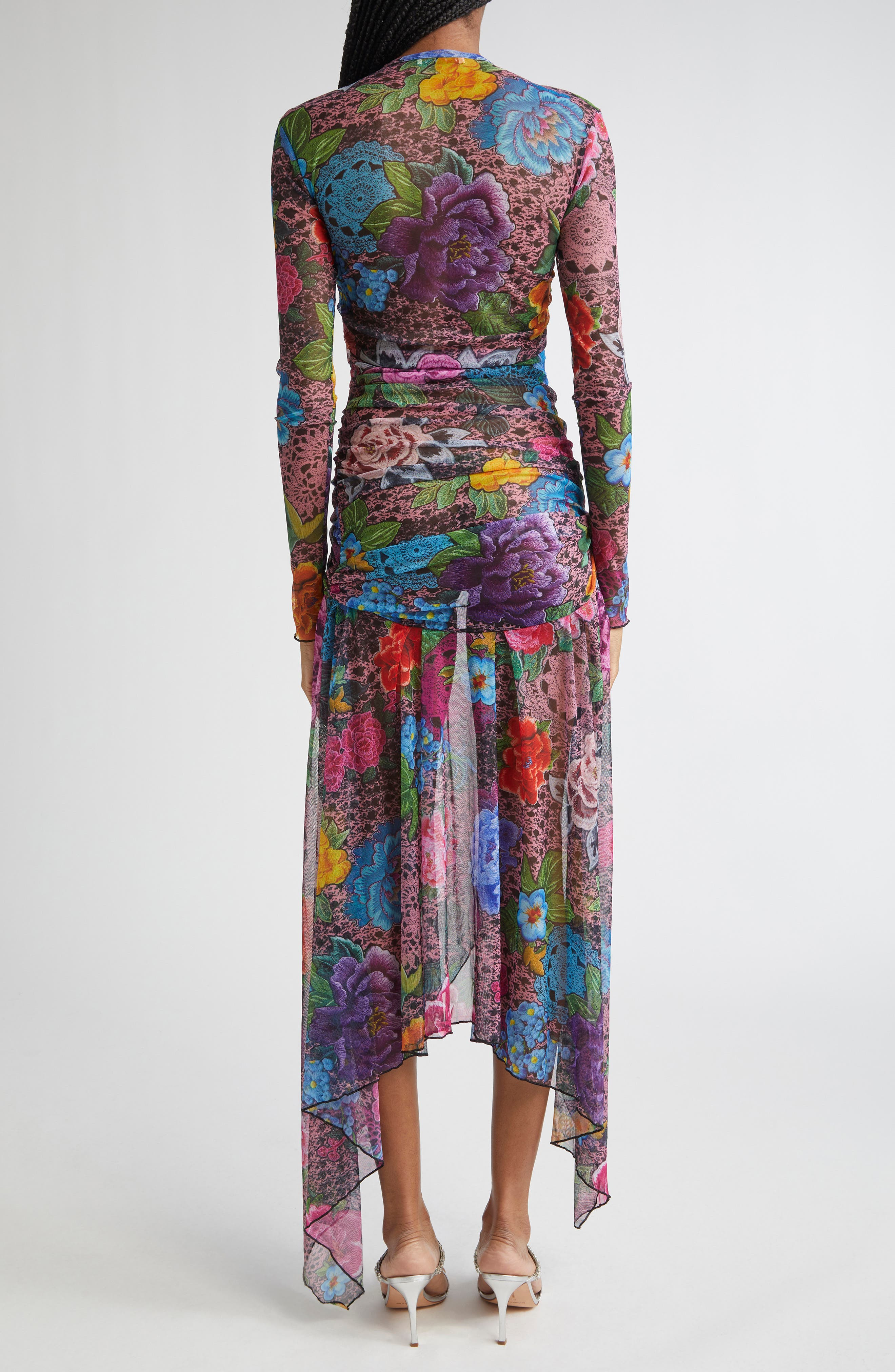 Area Crystal Embellished Floral Long Sleeve Tulle Midi Dress in Pink Multi at Nordstrom - 2