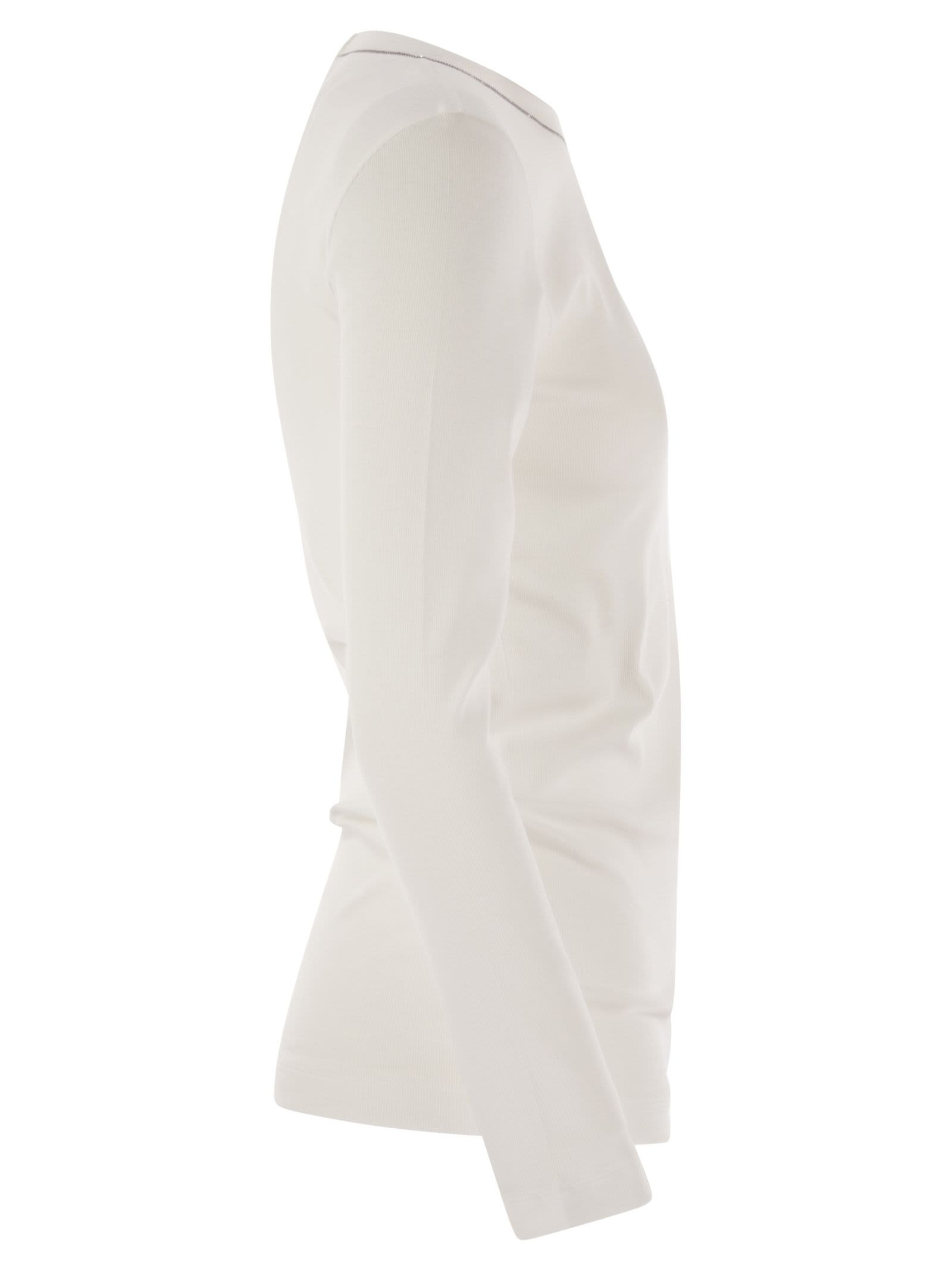 Brunello Cucinelli Women Ribbed Stretch Cotton Jersey T-Shirt With Jewellery - 3