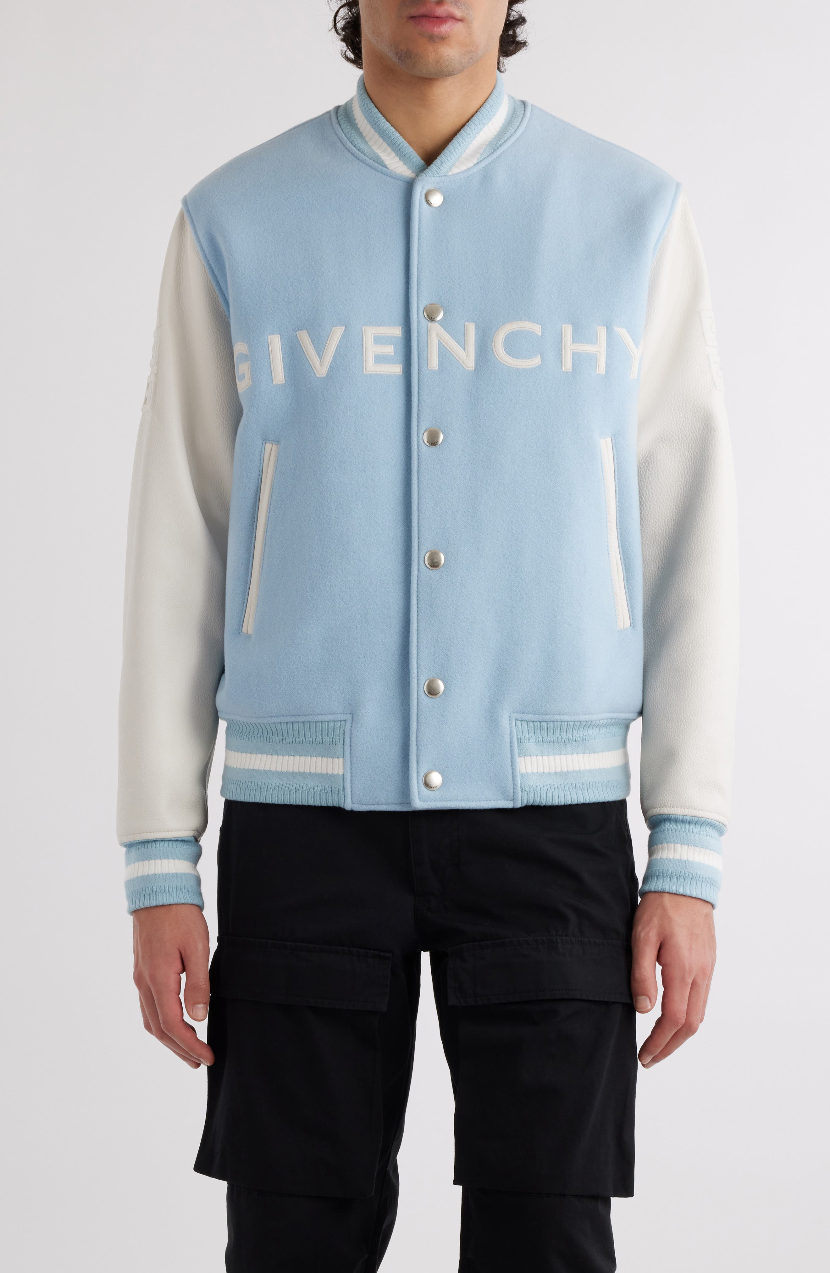 Givenchy Embroidered Logo Mixed Media Leather & Wool Blend Varsity Jacket in White/Sky Blue at Nords - 1