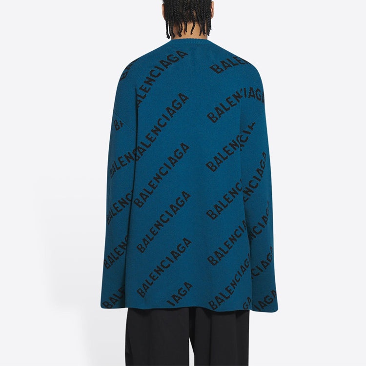 Balenciaga All Over Logo Crewneck Wool Knit Sweater 'Petrol Blue' 657400T15672470 - 5
