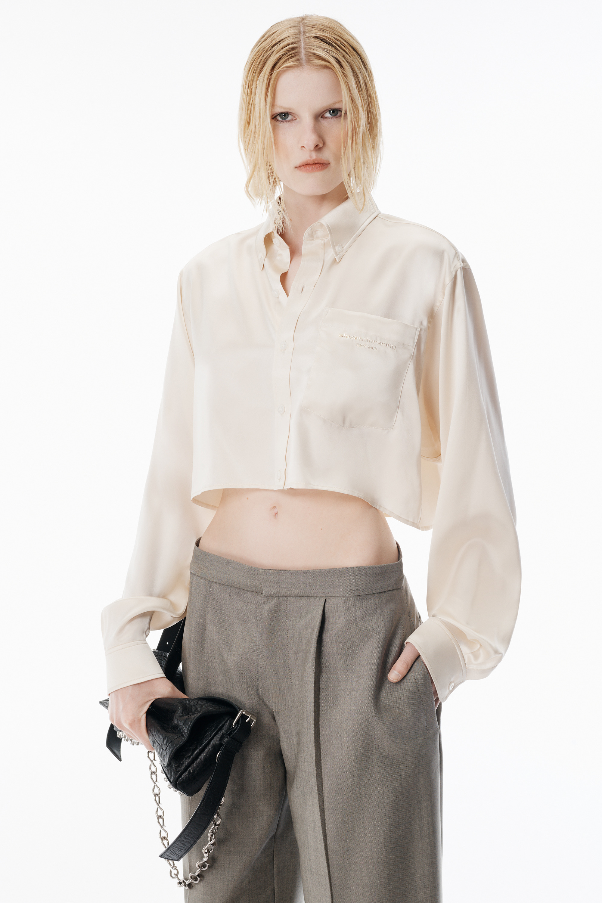 Ivory Silk Charmeuse Cropped Shirt - 3