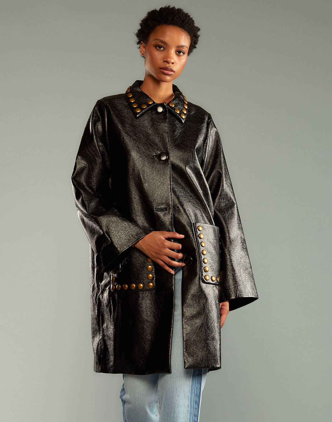 Studded Vegan Leather Coat - 3