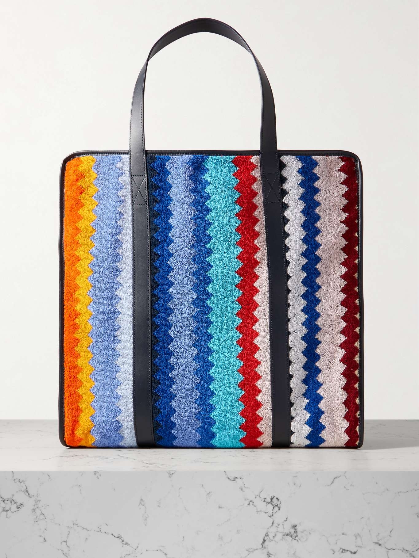 Cecil leather-trimmed striped cotton-terry tote - 1
