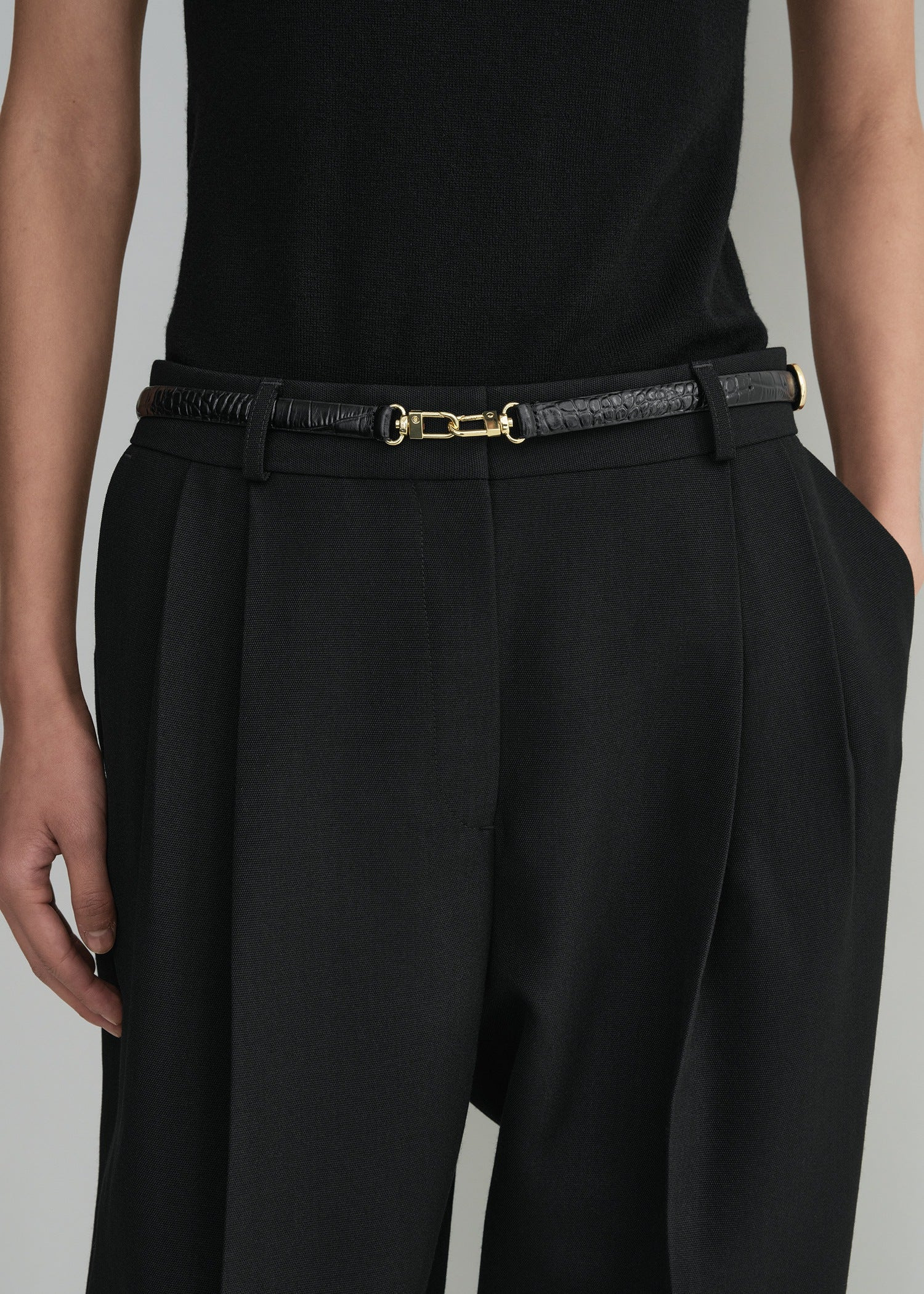 Double clasp leather belt black croco - 2