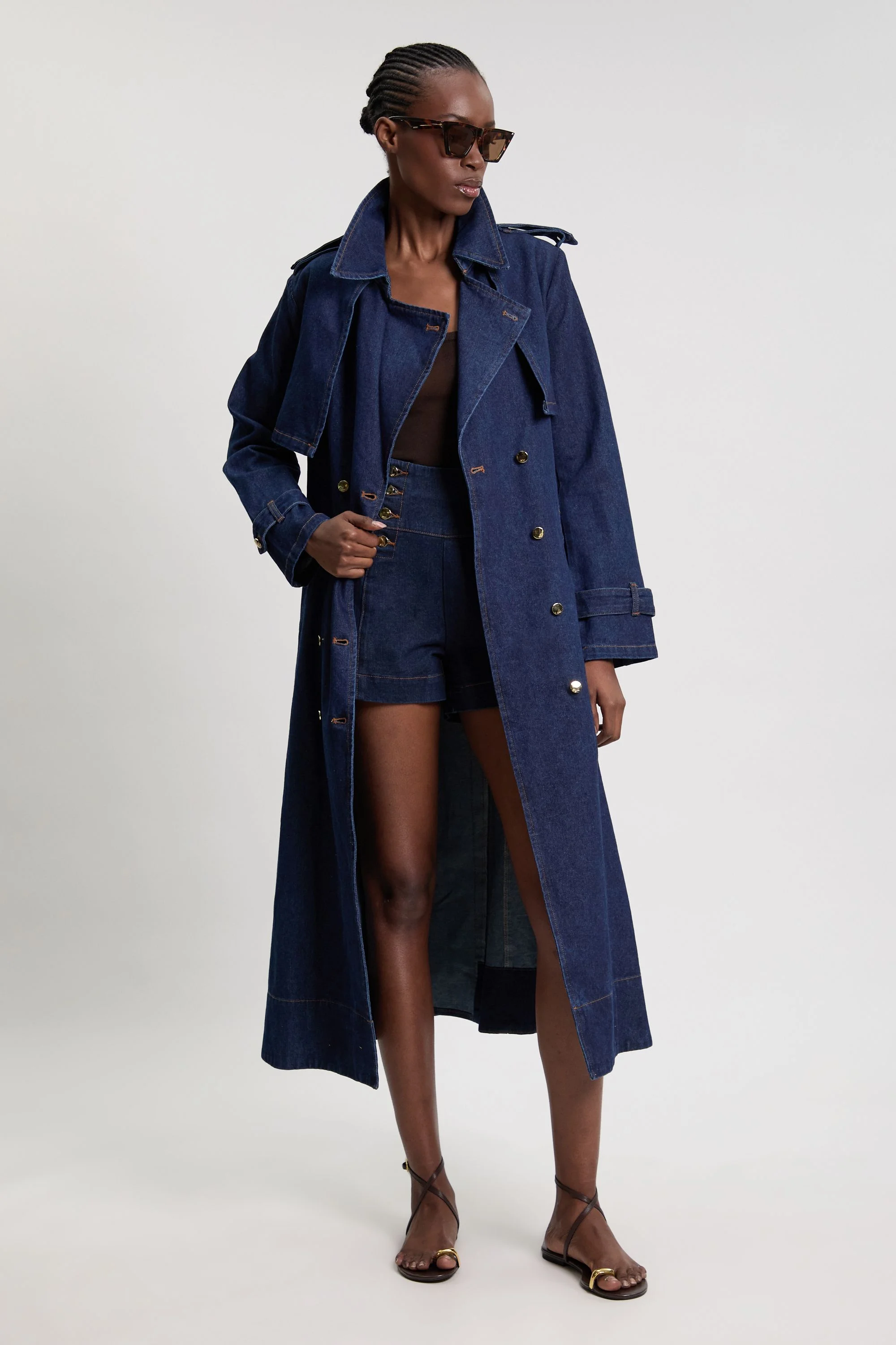 Denim Belted Trench Coat - 1