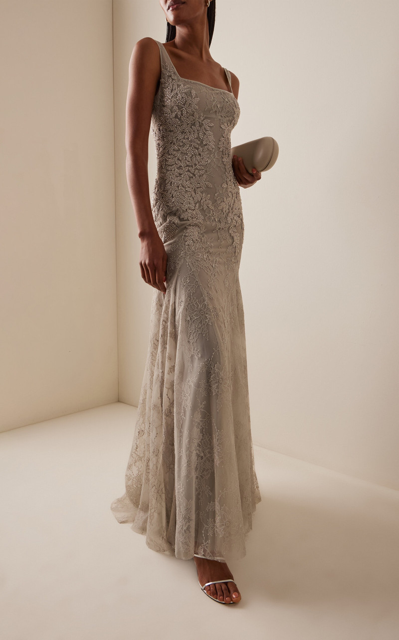 COSTARELLOS Elysia Beaded Lace Gown grey outlook