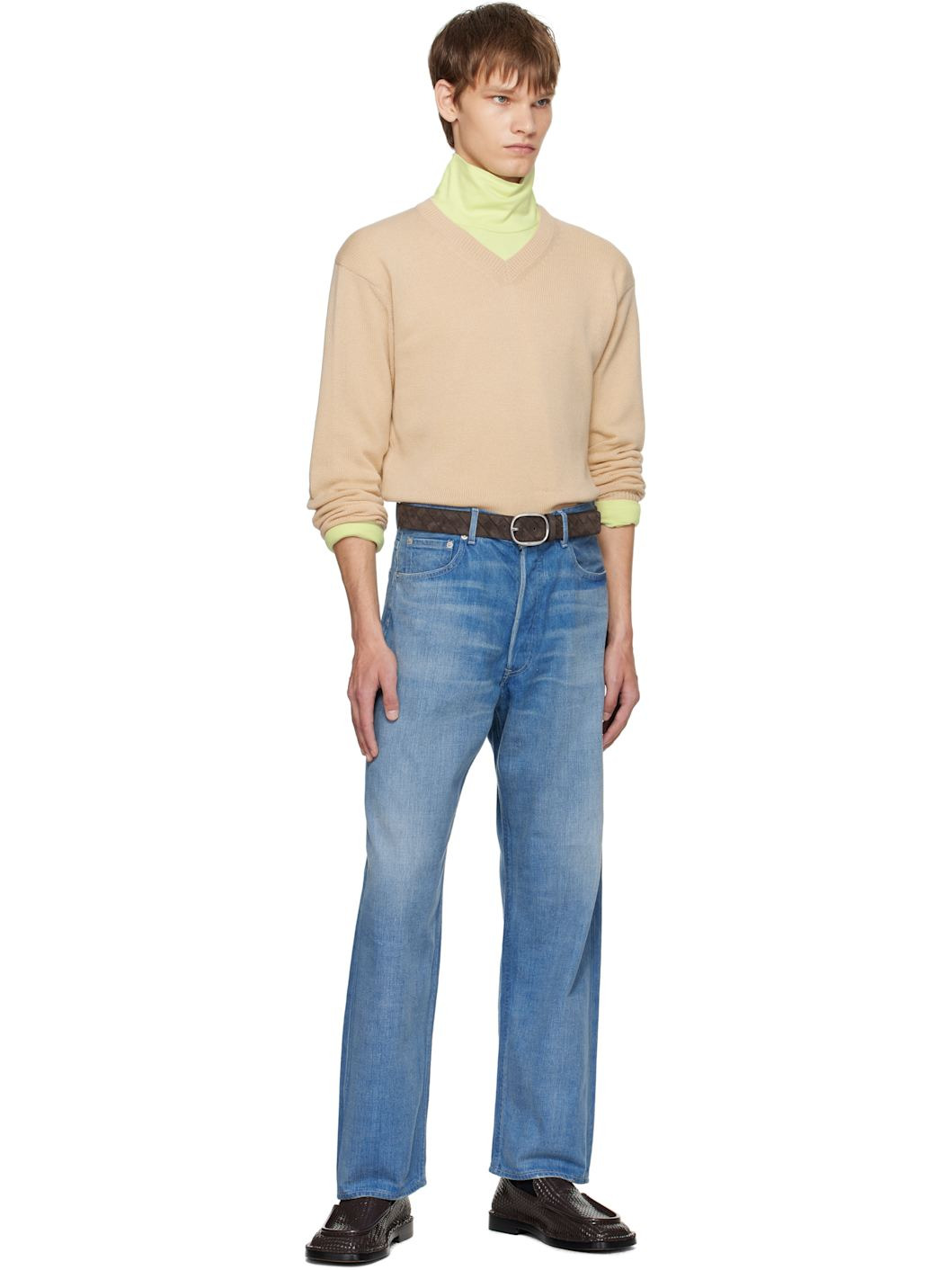 Beige Light Cashmere Knit V-Neck Sweater - 5