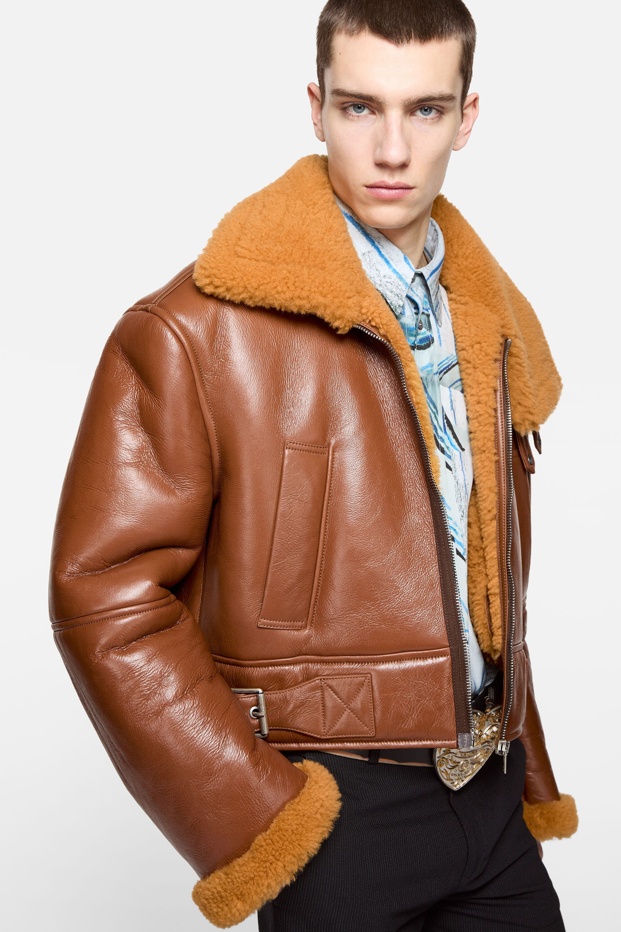 Shearling biker jacket - Rust brown - 4