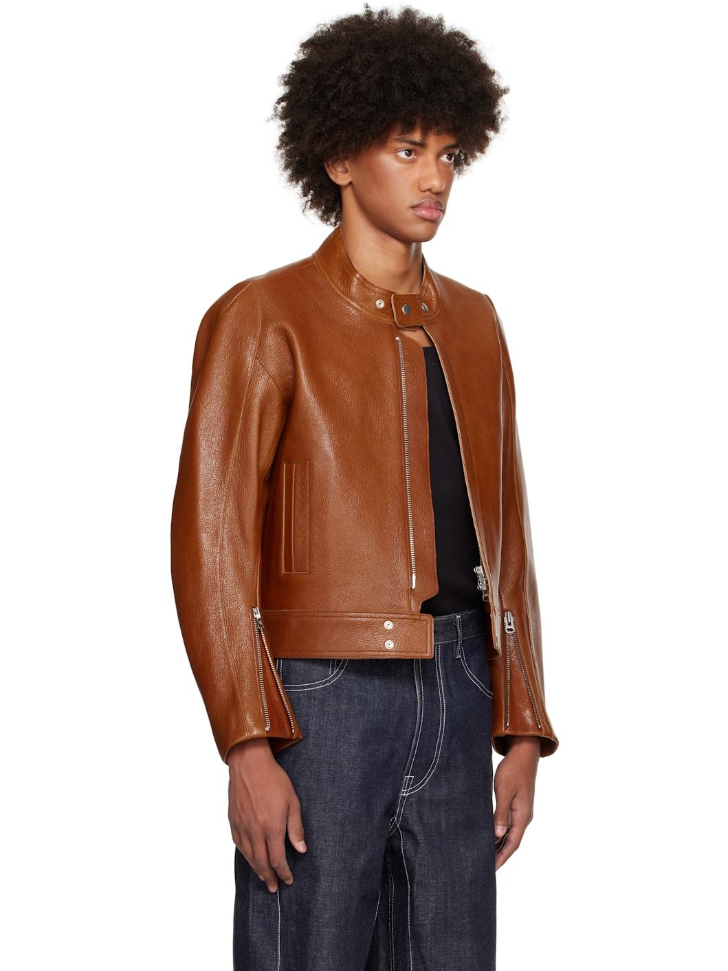 Brown 2-Way Pocket Biker Leather Jacket - 2