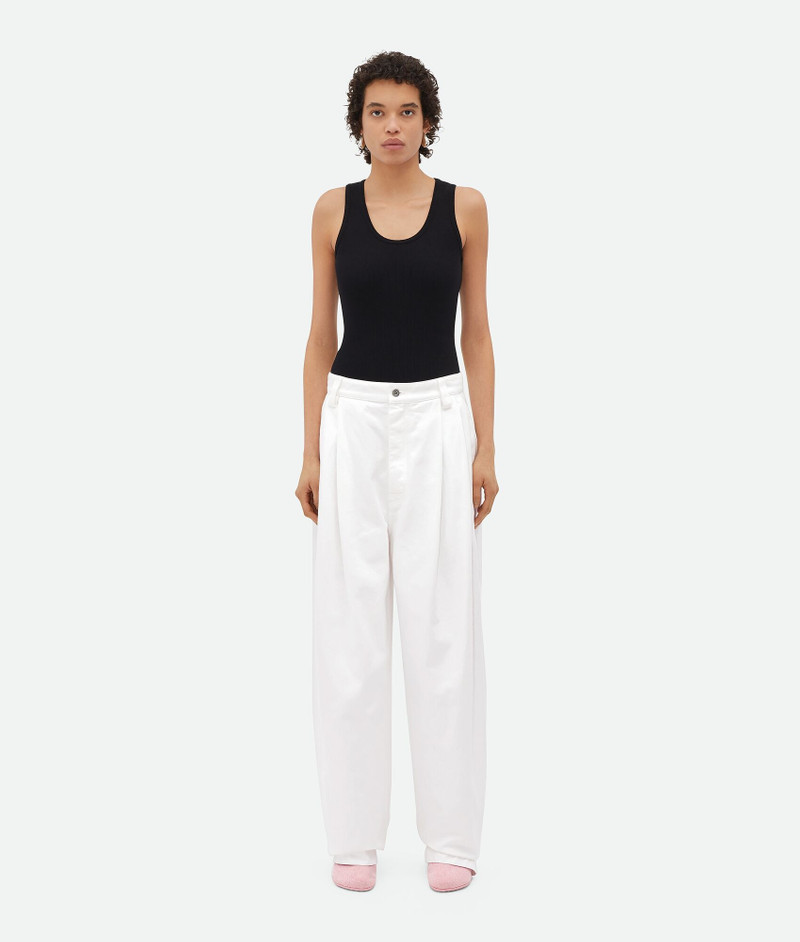 White Pleated Denim Trousers - 1