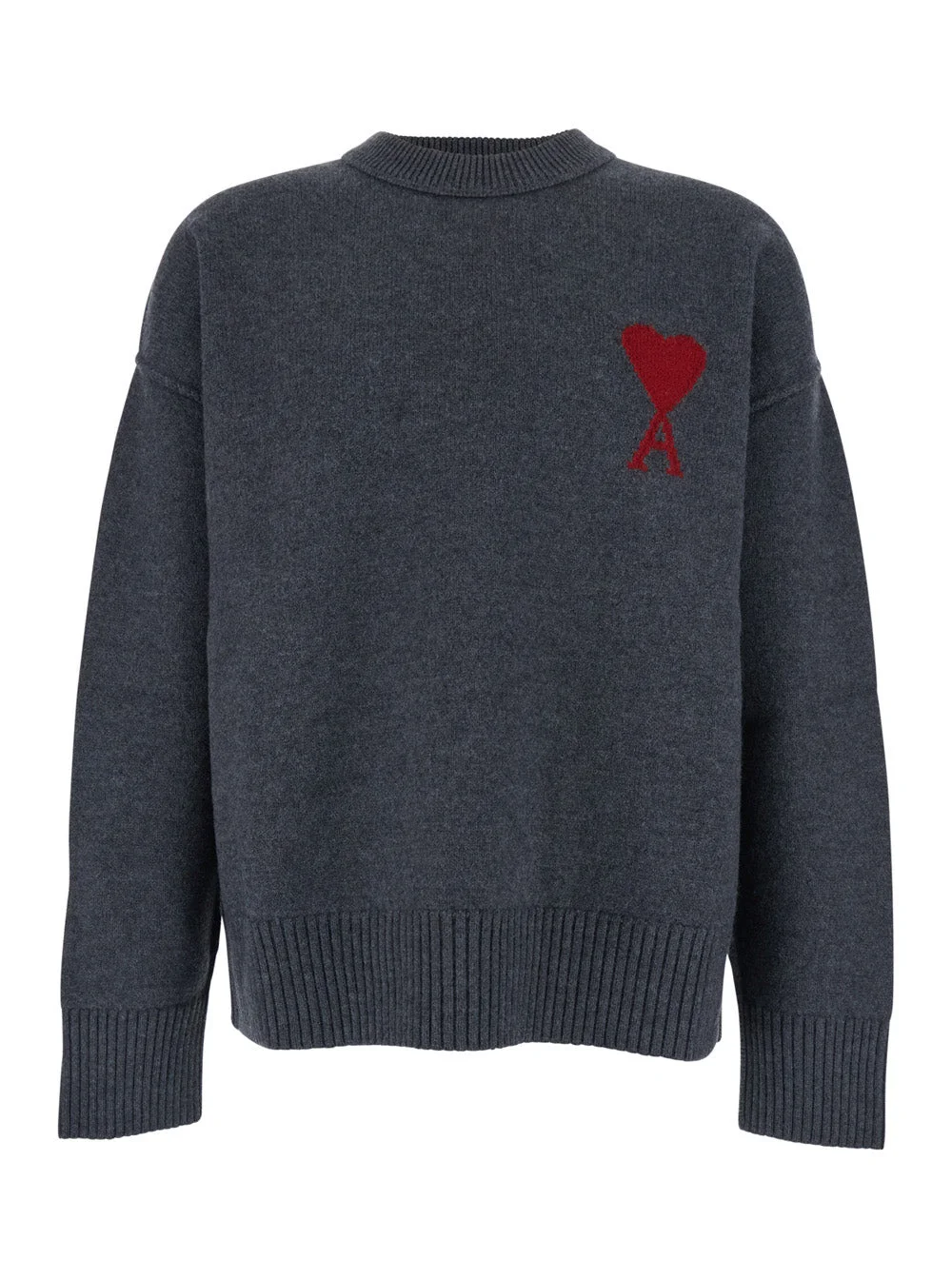 Ami Paris Men Grey Crewneck Sweater With Adc Embroidery On The Front In Wool Man - 1