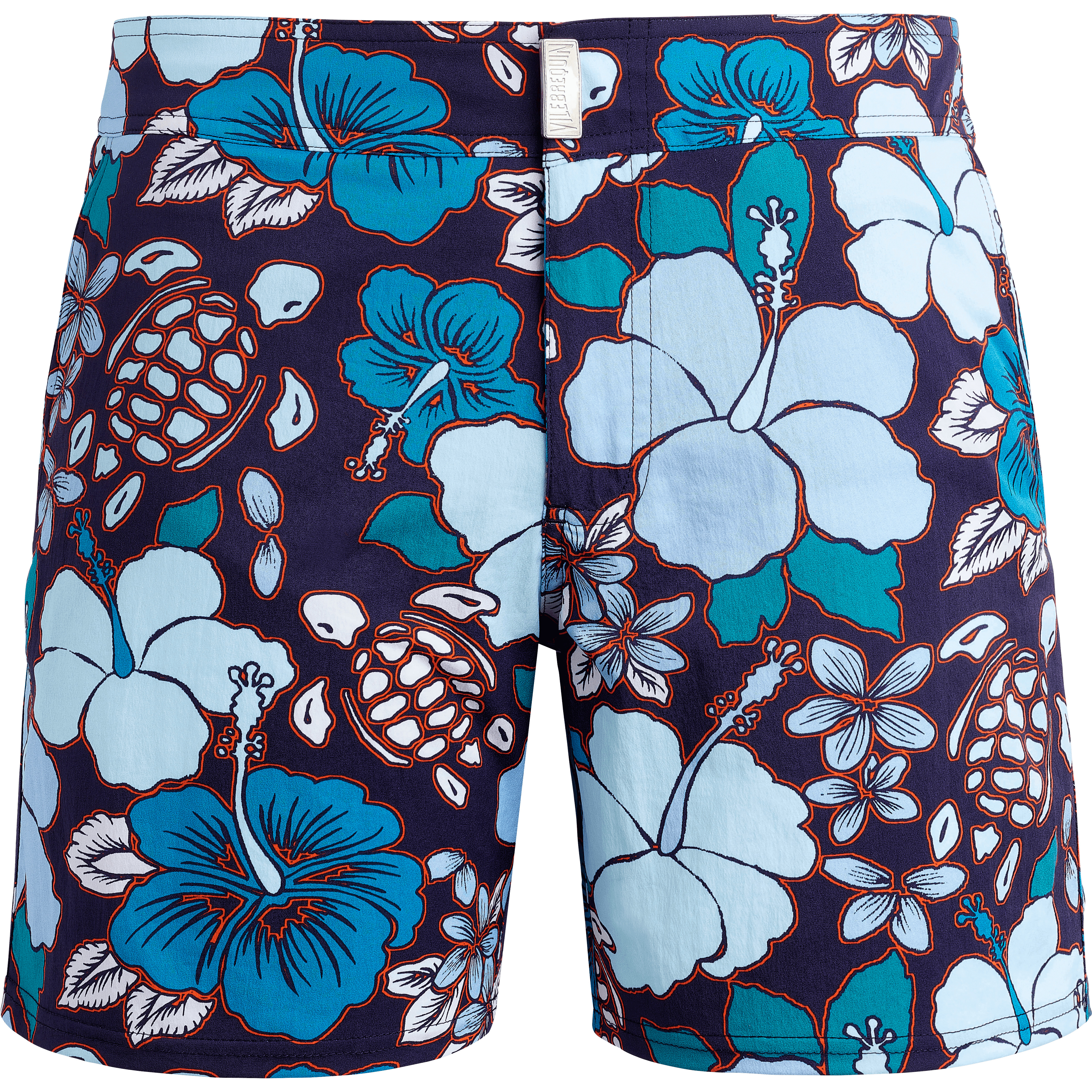 Men Stretch Flat Belt Swim Trunks Tropical Turtles - 1