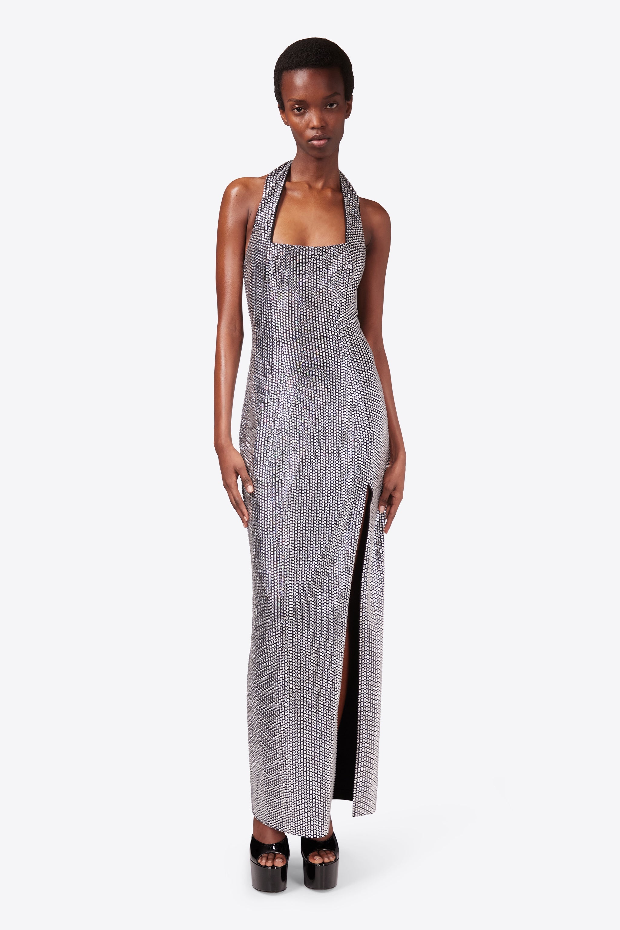 CRYSTAL EMBELLISHED HALTER SLIT GOWN - 4