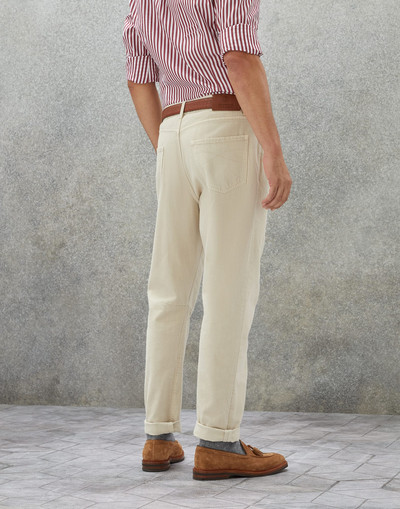 Brunello Cucinelli Garment-dyed slubbed denim leisure fit five-pocket trousers with rips outlook