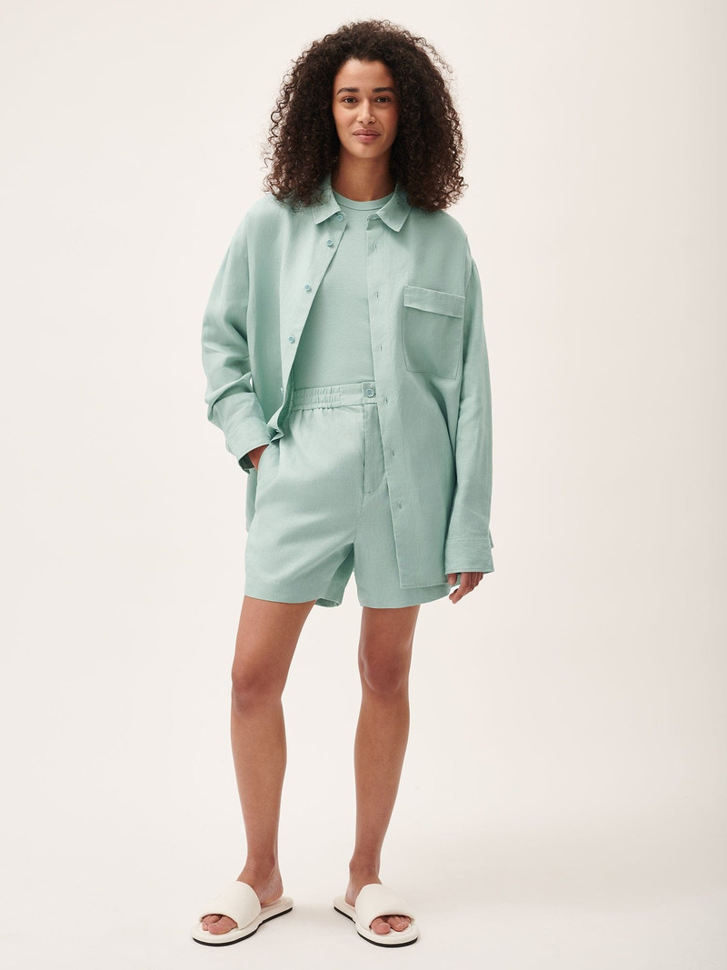 PANGAIA Womens DNA Aloe Linen Mid Length Shorts - Eucalyptus Blue outlook