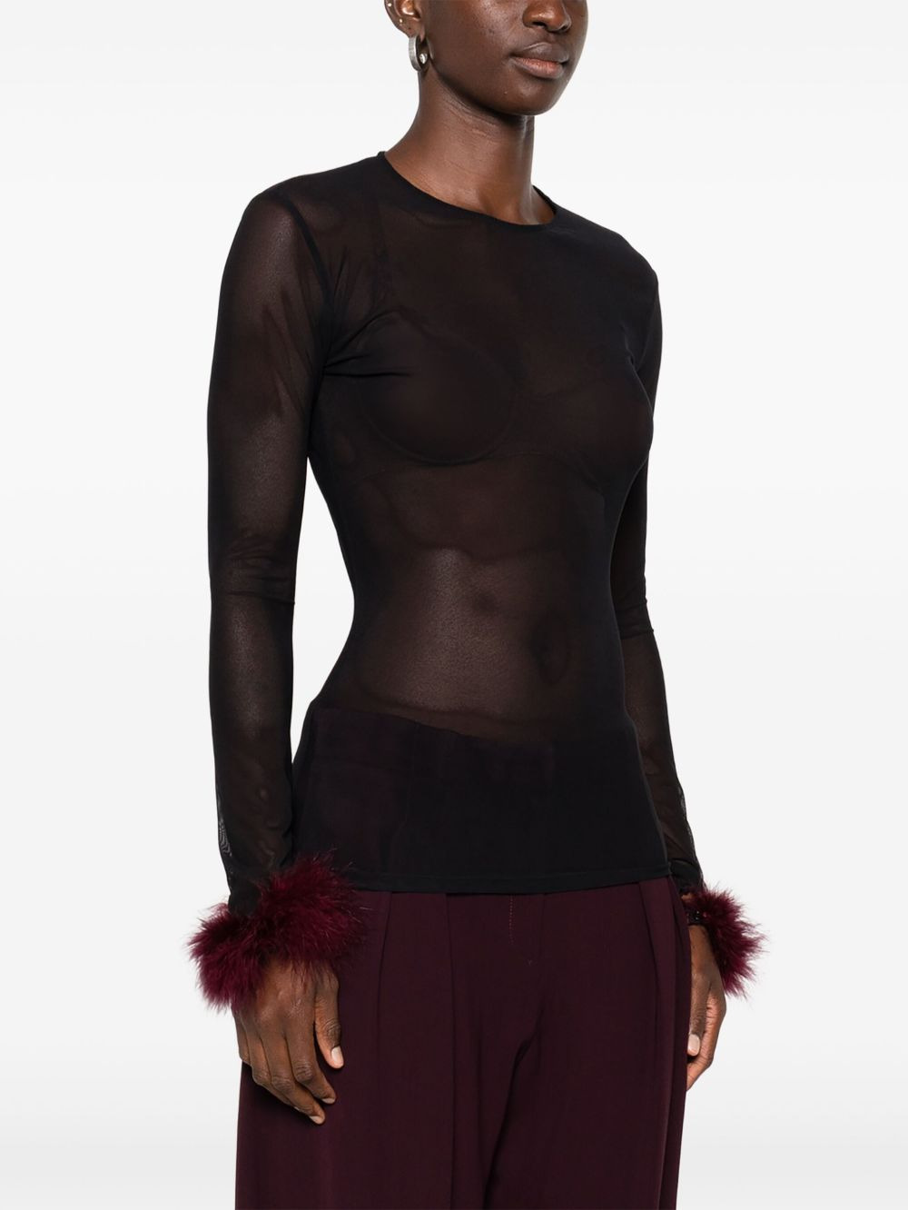 mesh-panel feather-cuff top - 3