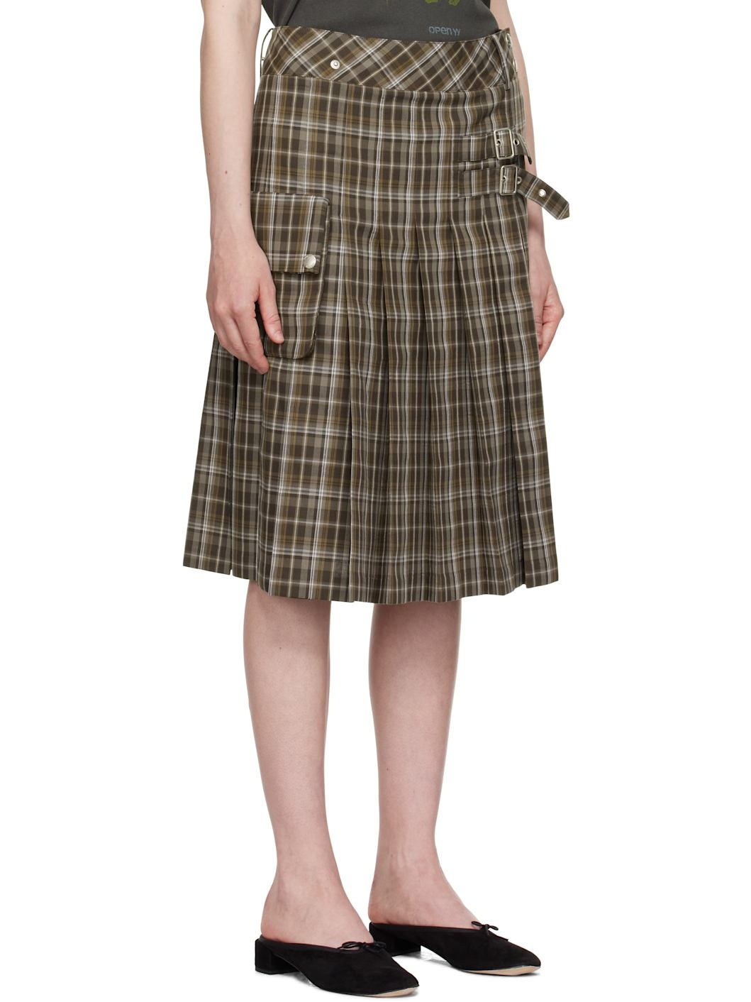Brown Check Cargo Pocket Kilt Midi Skirt - 2