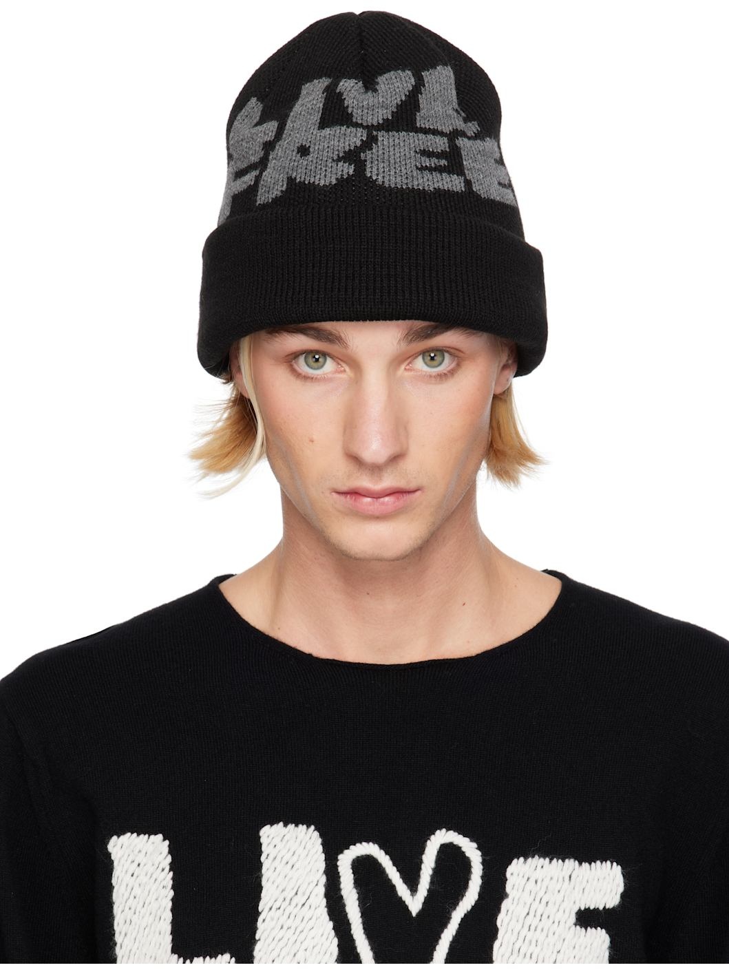 Black Jacquard Knit 'LIVE FREE' Beanie - 1