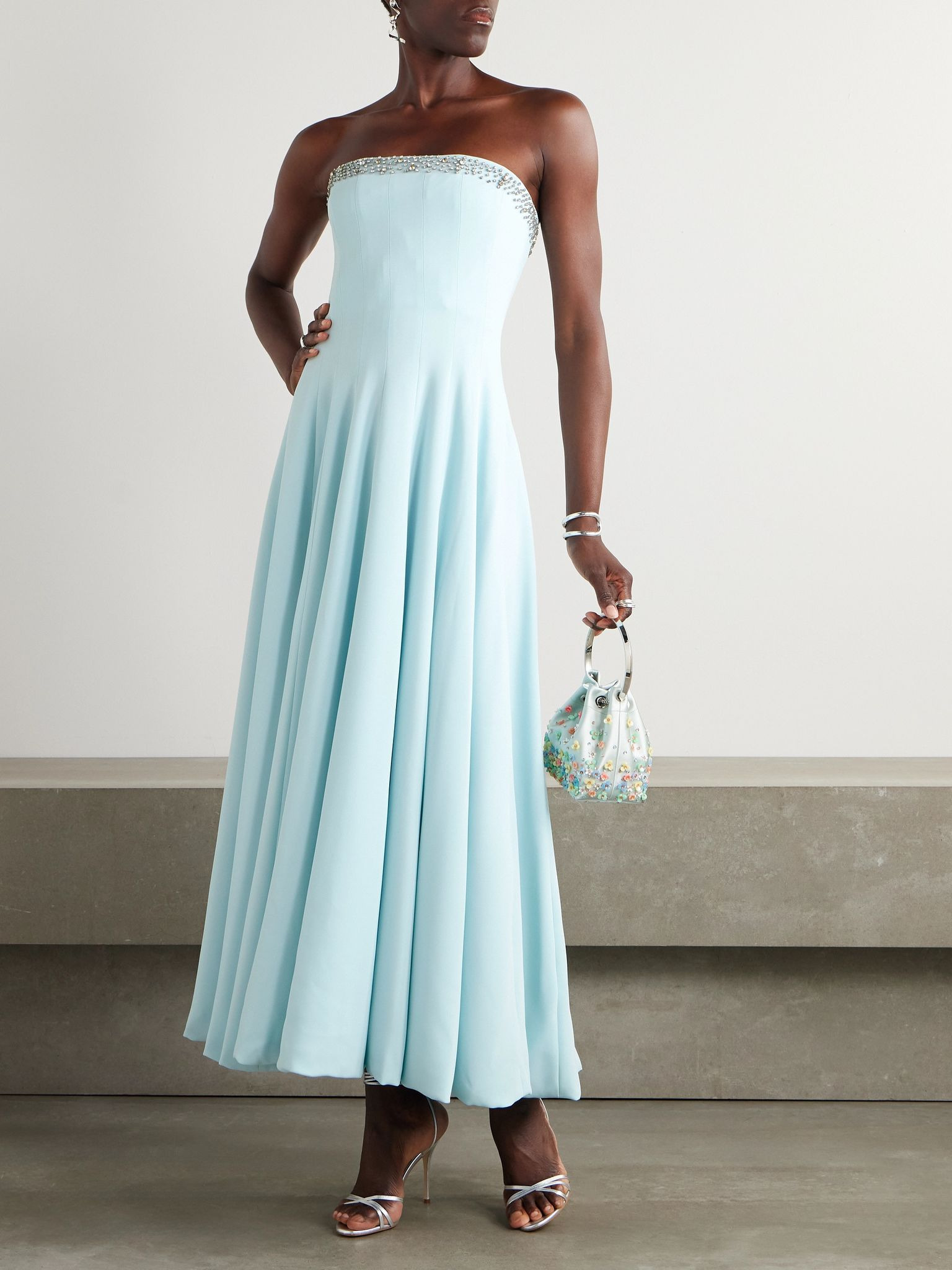 Aldina strapless pleated crystal-embellished crepe midi dress Blue - 2