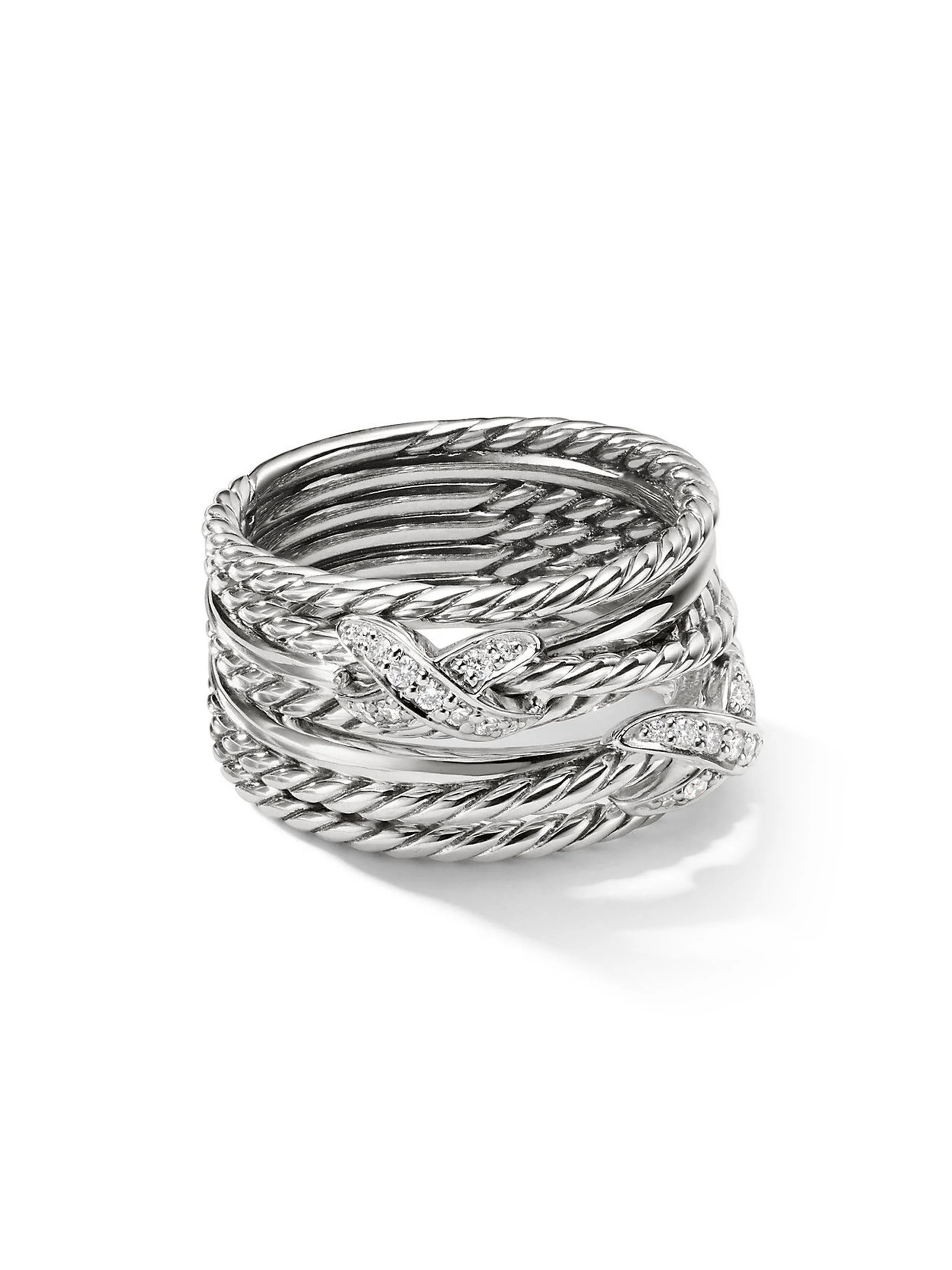 Women's Double X Crossover Ring with Pavé Diamonds - Sterling Silver - 1