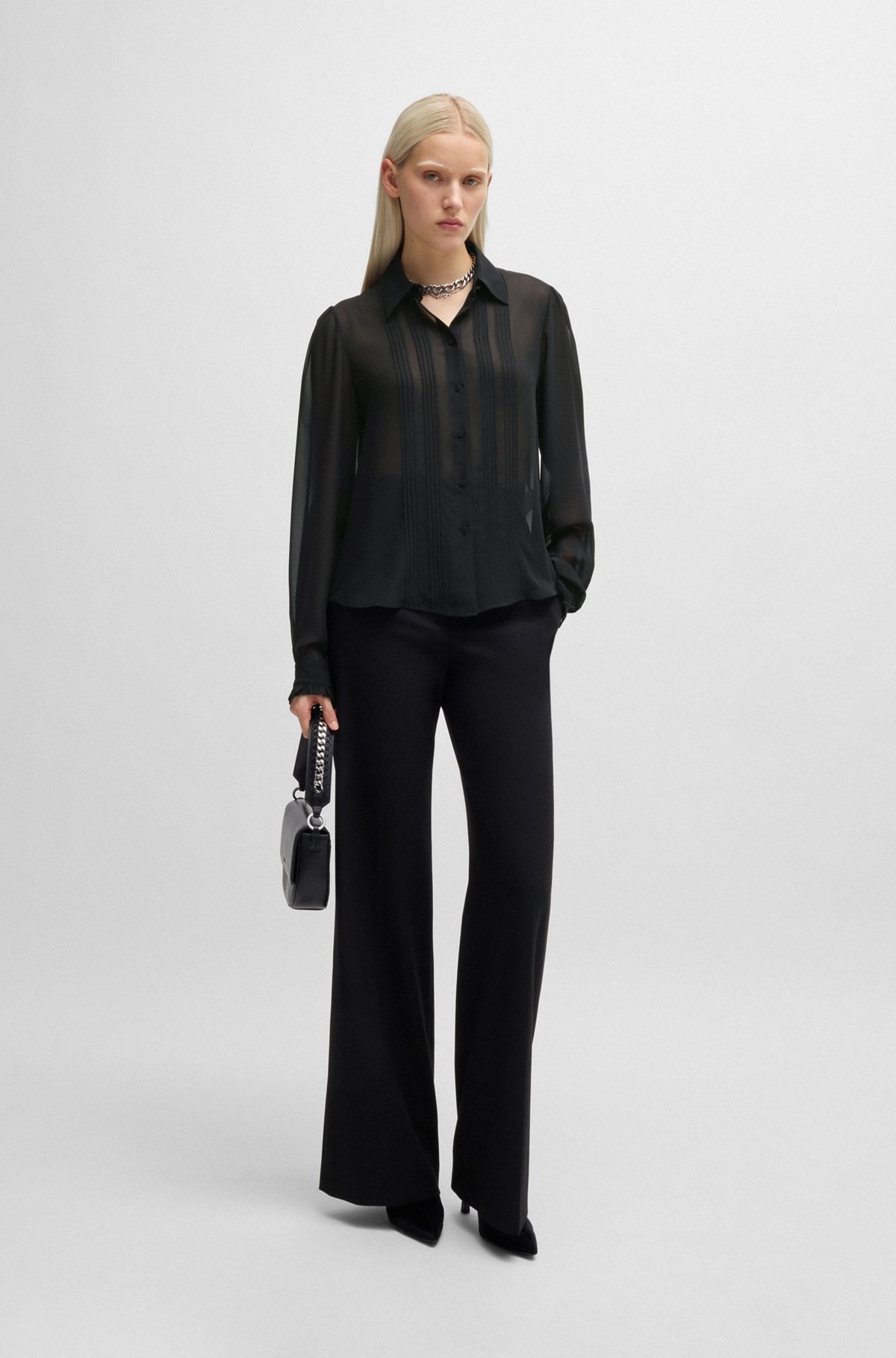 SHEER CHIFFON BLOUSE WITH FRONT PLEATS - 3