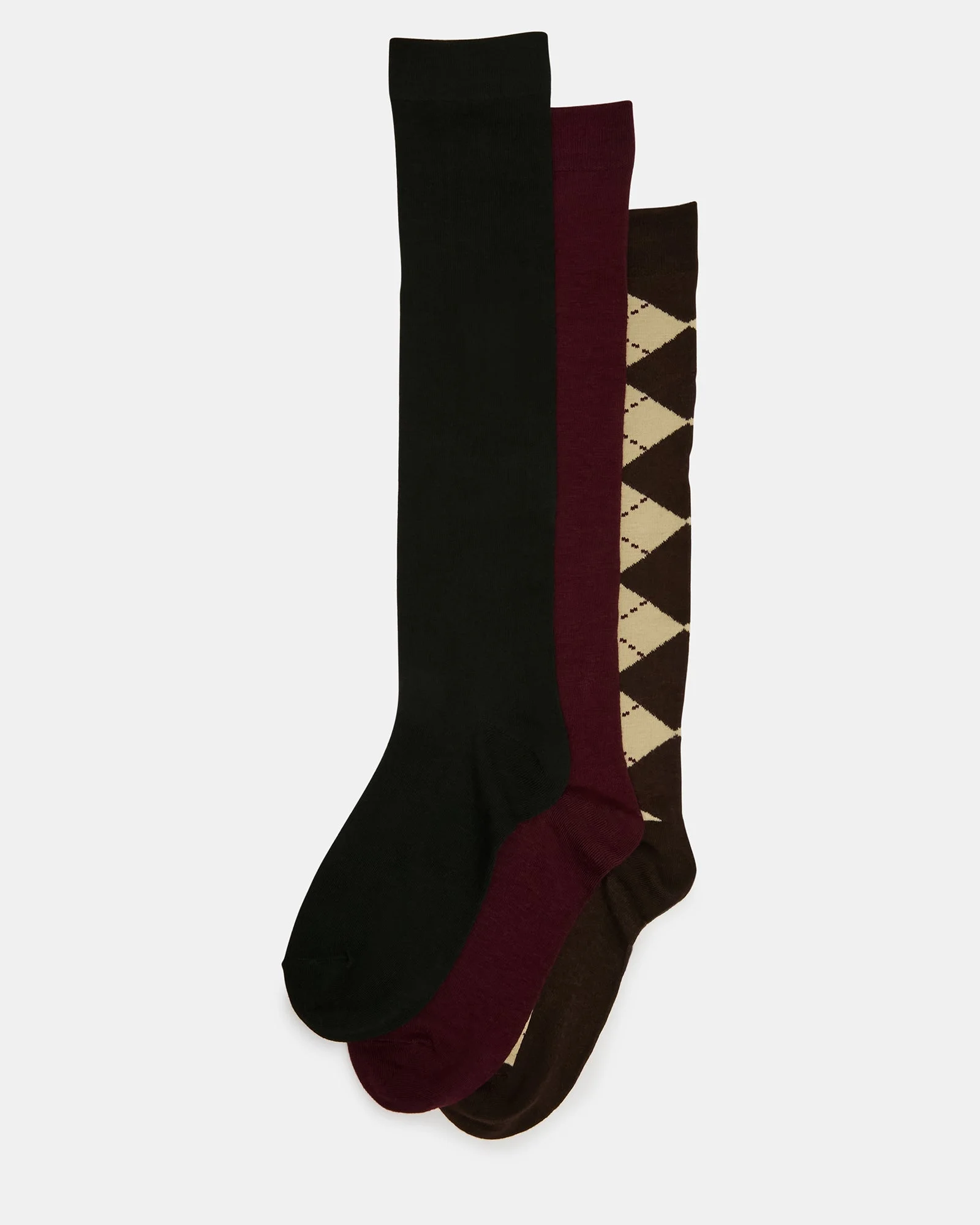 3 PACK ARGYLE KNEE HIGH SOCKS BROWN MULTI - 1