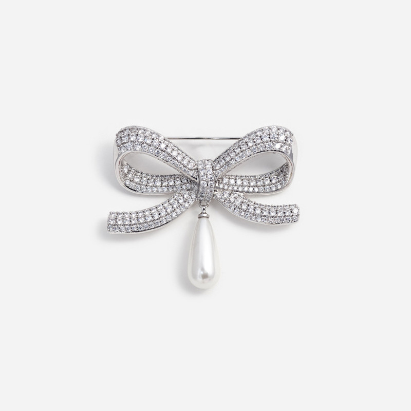 Crystal Bow Pearl Droplet Brooch - 1