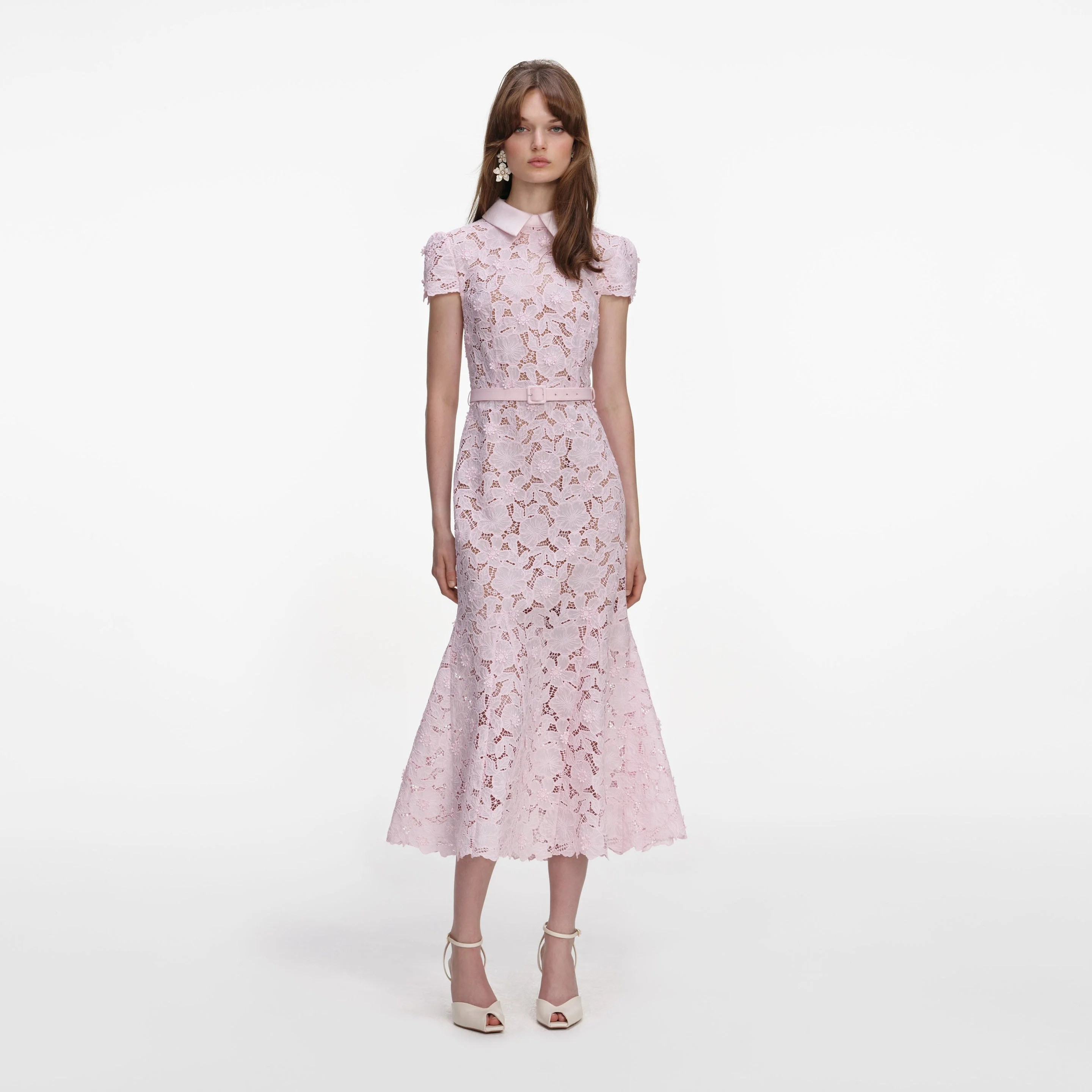 Pink Guipure Lace Midi Dress - 1