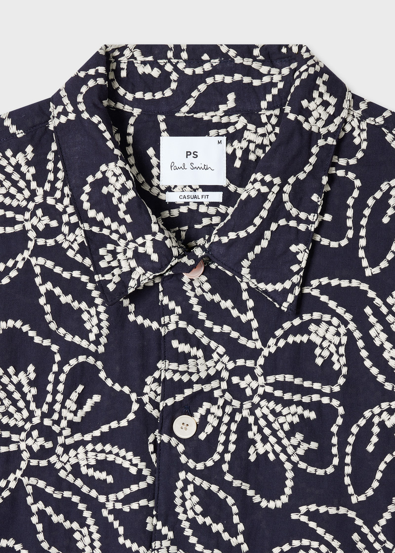 Paul Smith Casual-Fit Navy Floral Embroidery Short-Sleeve Shirt outlook
