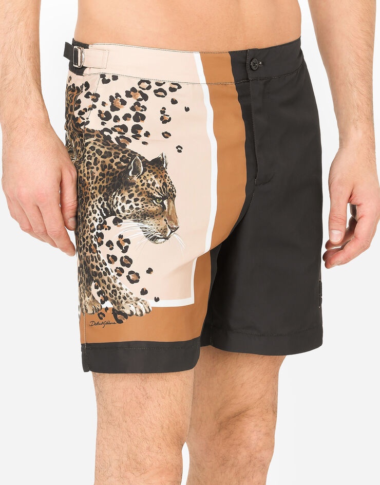 Mid-length swim shorts with leopard print and DG logo - 4