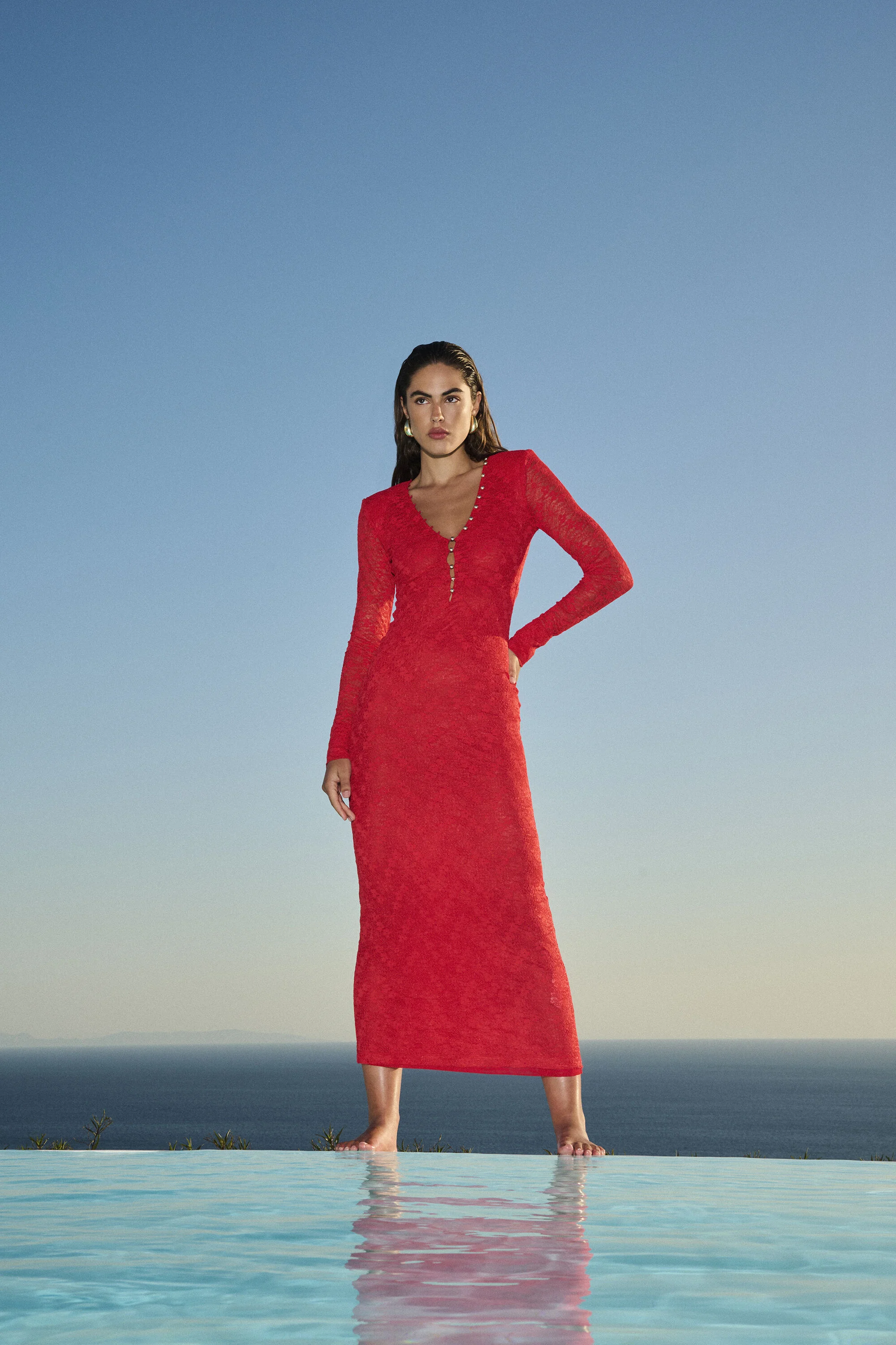 Zenia Long Sleeve Midi Dress In Fire Red - 1