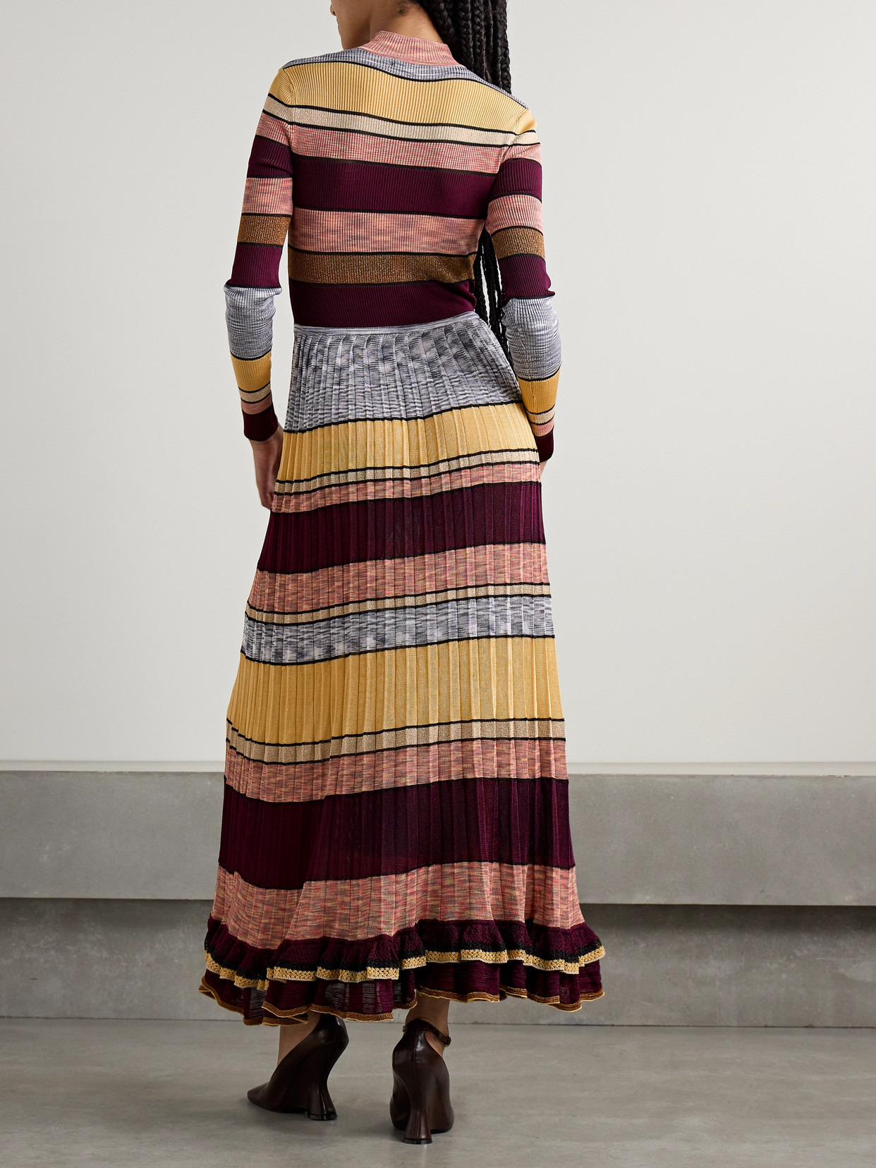Evangeline Striped Pleated Metallic Knit Turtleneck Maxi Dress - 3