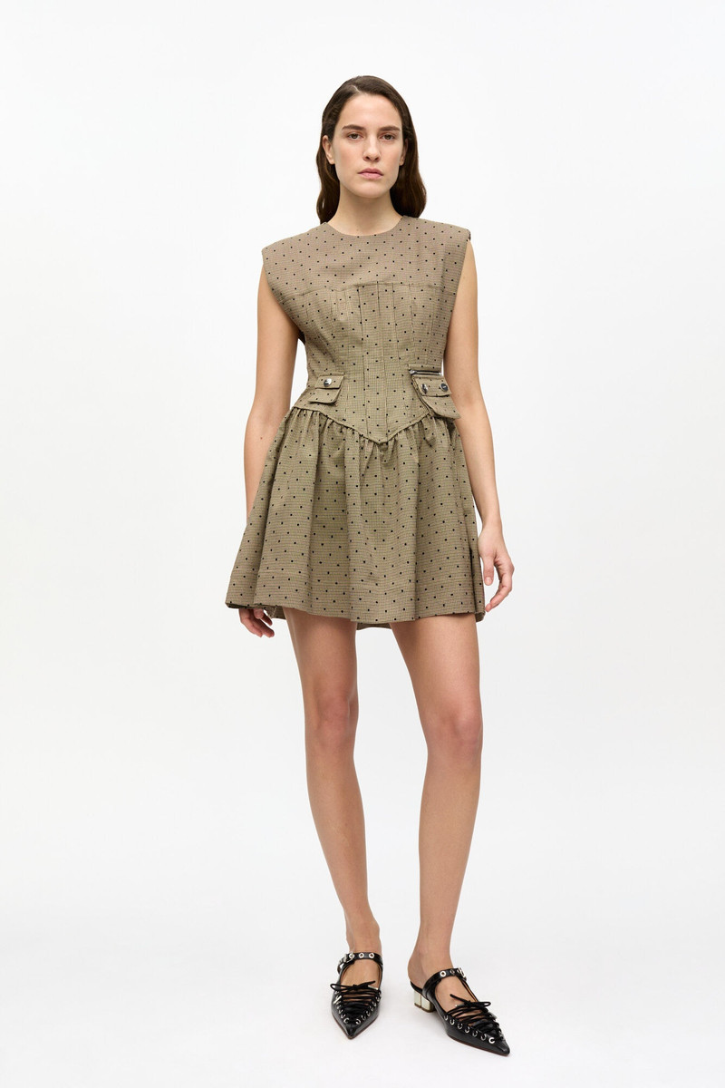 GANNI BROWN FLOCK SUITING CORSET MINI DRESS outlook