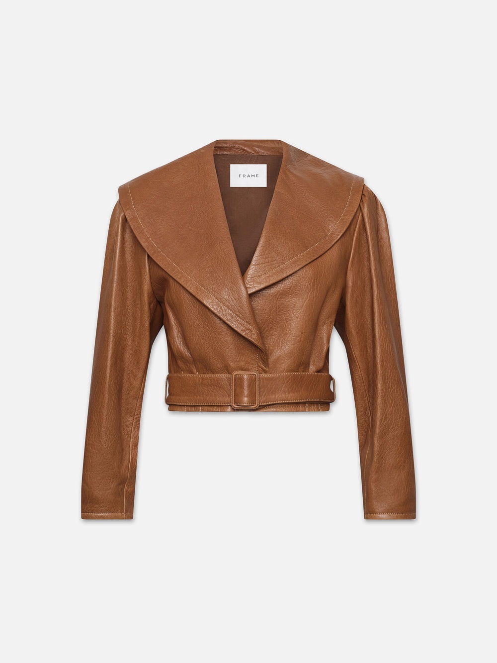 Cropped Belted Leather Jacket in Camel - 1