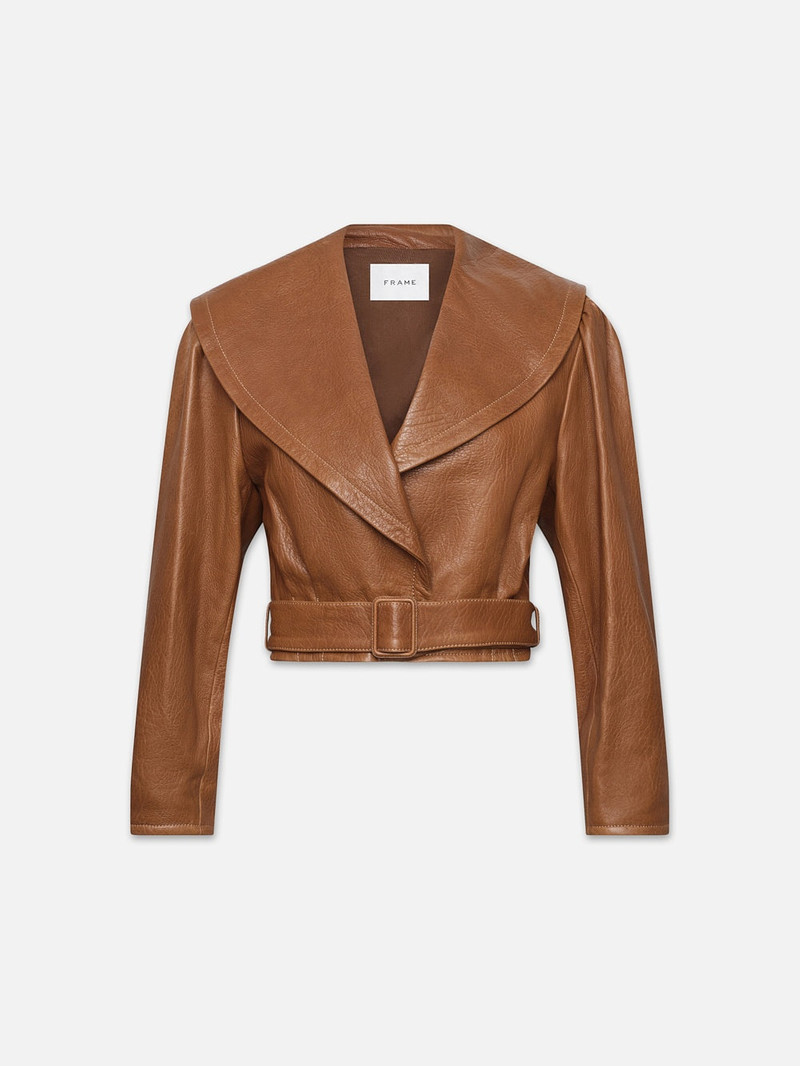Cropped Belted Leather Jacket in Camel 1