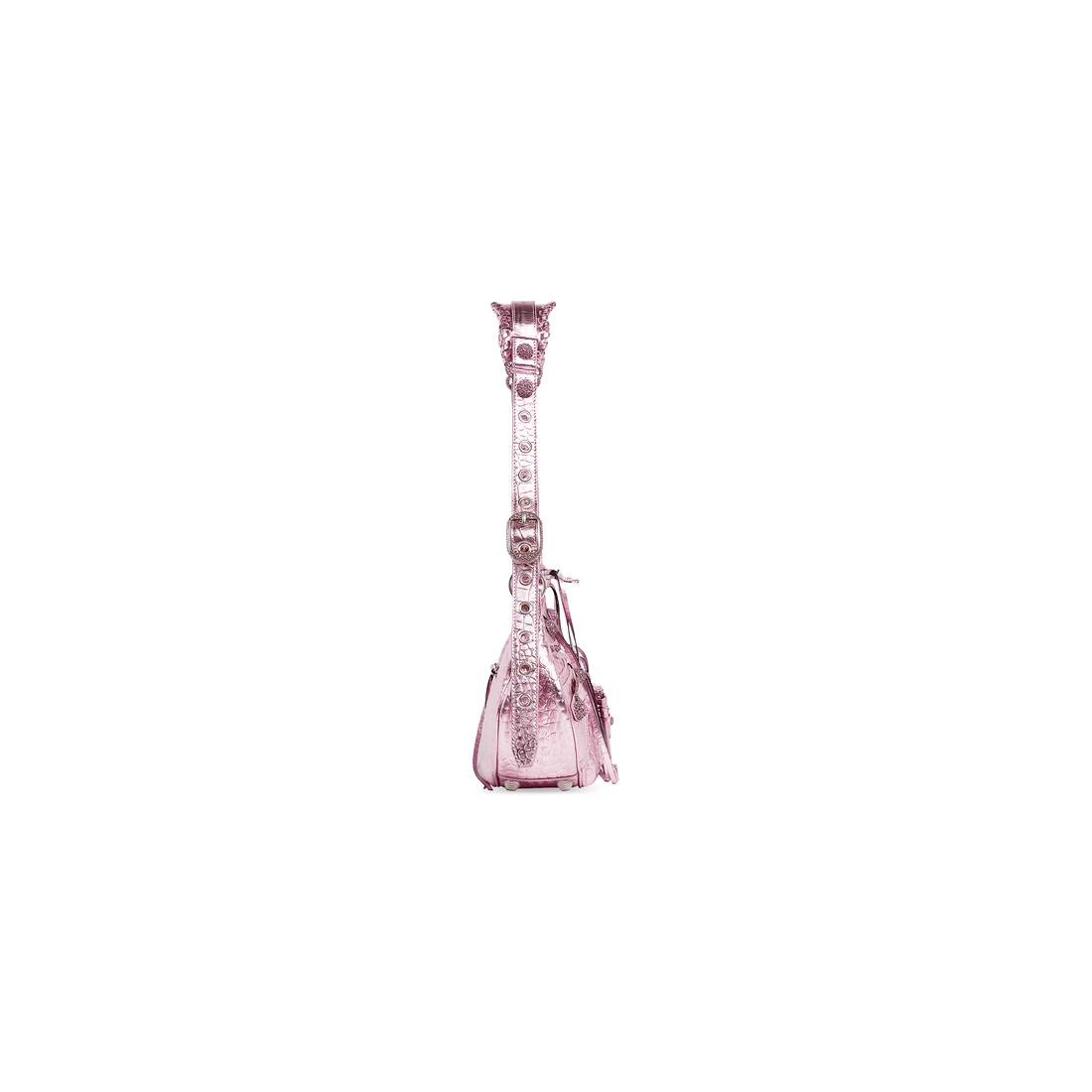 Women's Le Cagole Small Shoulder Bag Metallized Crocodile Embossed With Rhinestones in Pink - 5