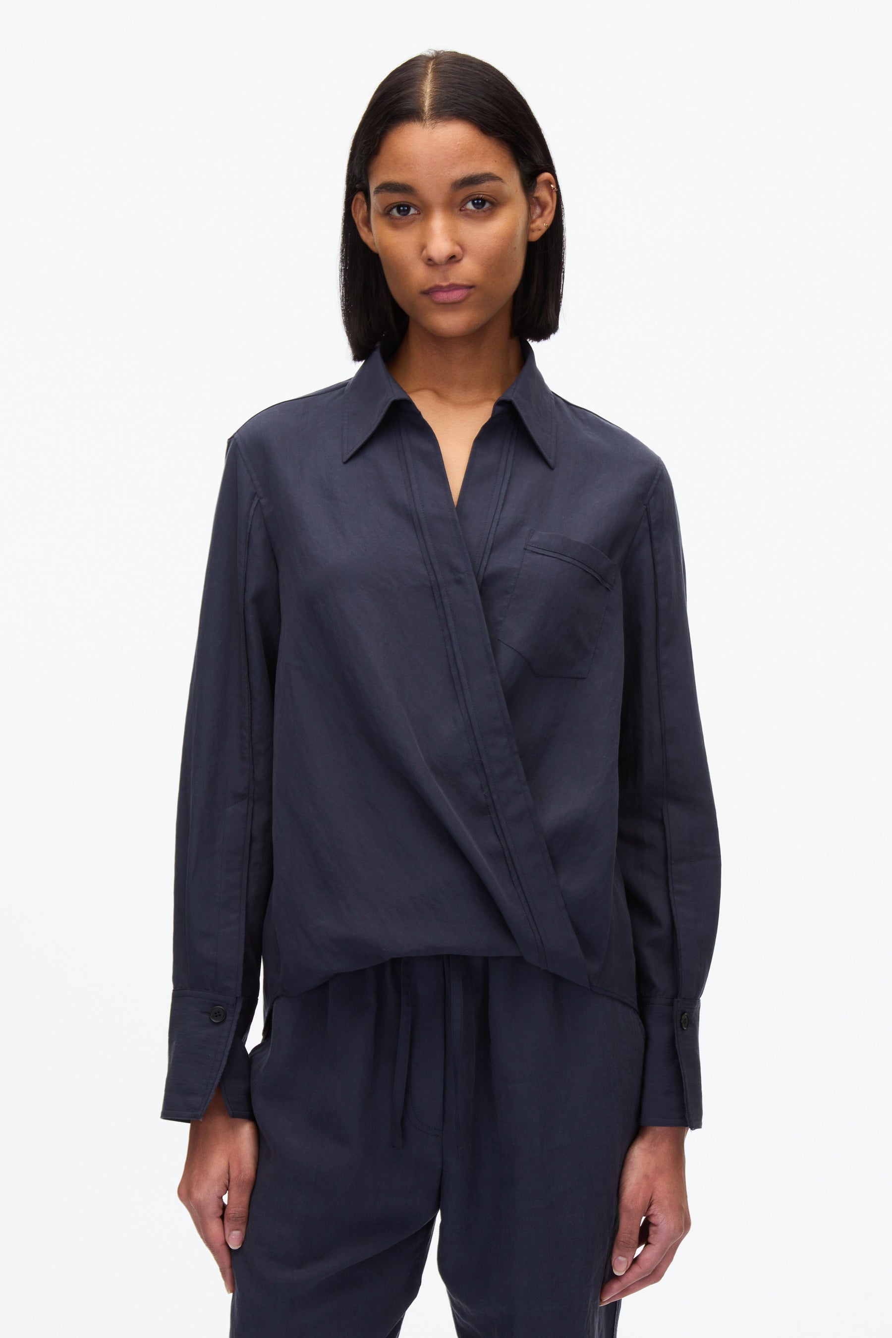 Draped Crossover Long Sleeve Shirt - 2