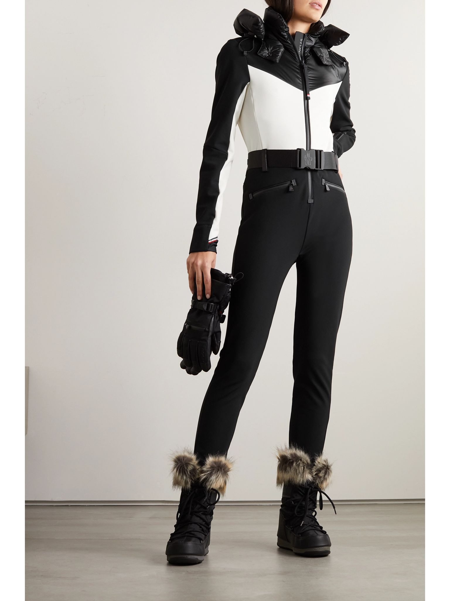 Hooded belted two-tone down ski suit Black - 2