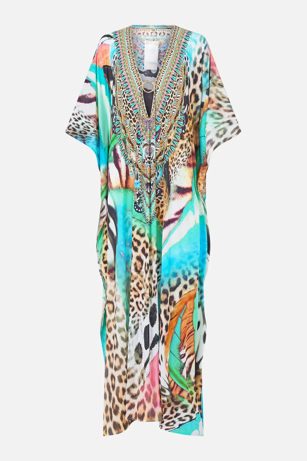LONG V NECK KAFTAN W RING FRONT TRIM BUTTERFLY BOHEMIA - 1
