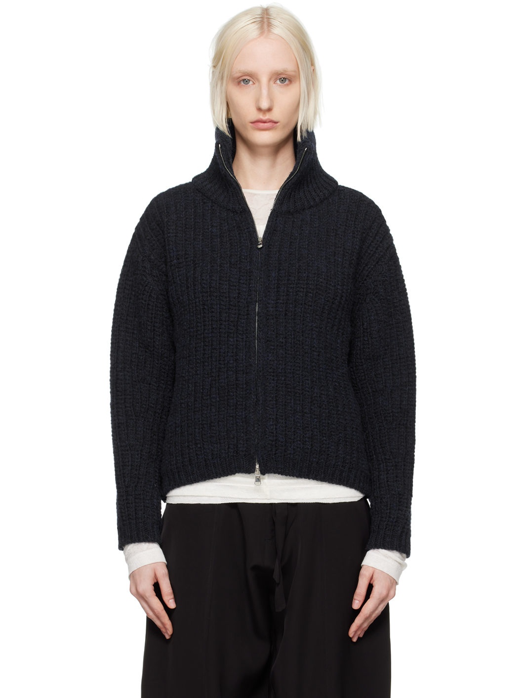 Navy Chunky Heritage Wool Zip Sweater - 1