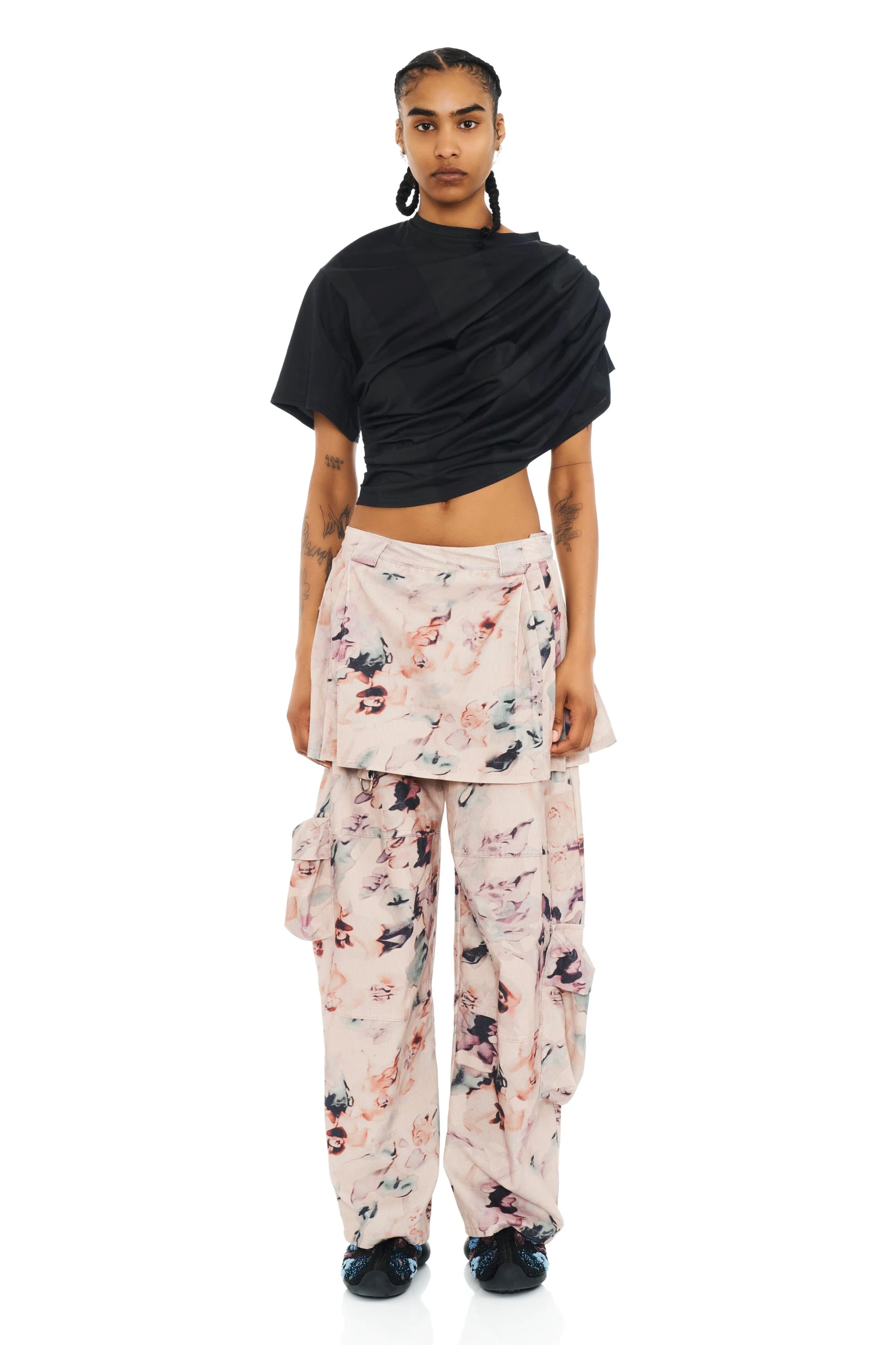 BEIGE WATERCOLOR ROSES LAWN SKIRT CARGO PANT - 1
