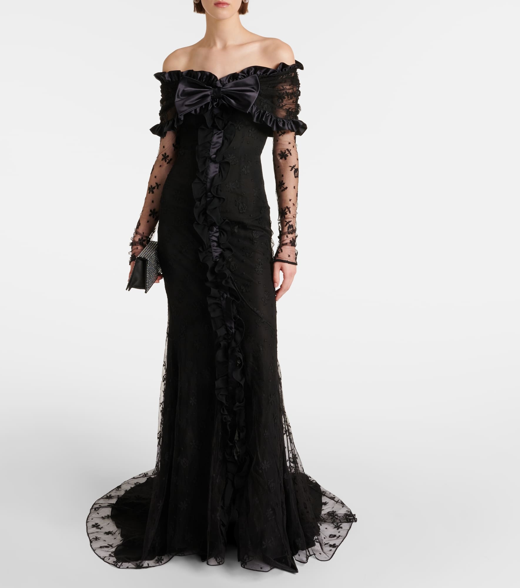 Bow-detail ruffled off-shoulder lace gown - 2