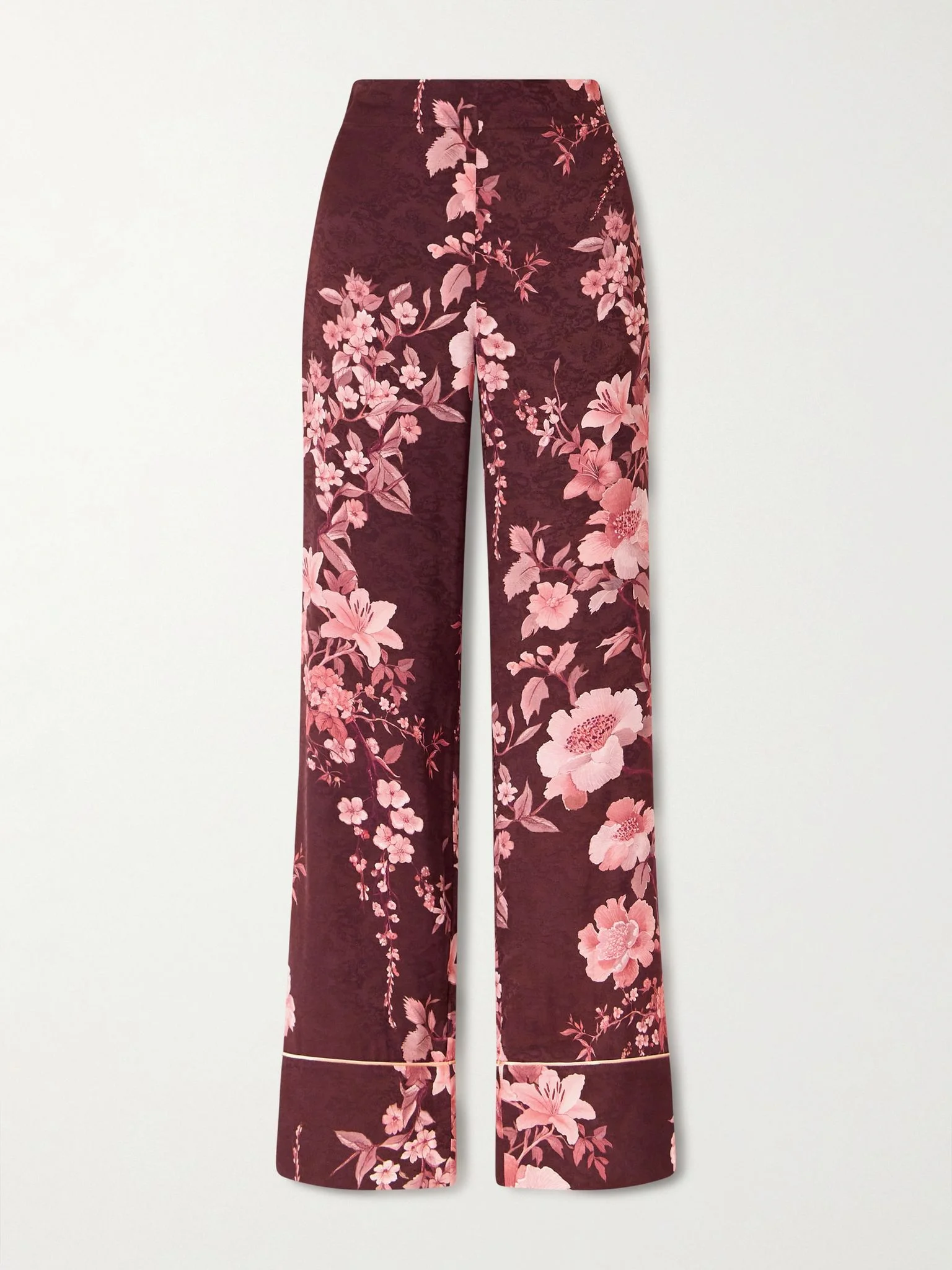 Havana floral-print satin-trimmed crepe de chine jacquard pants Red - 1