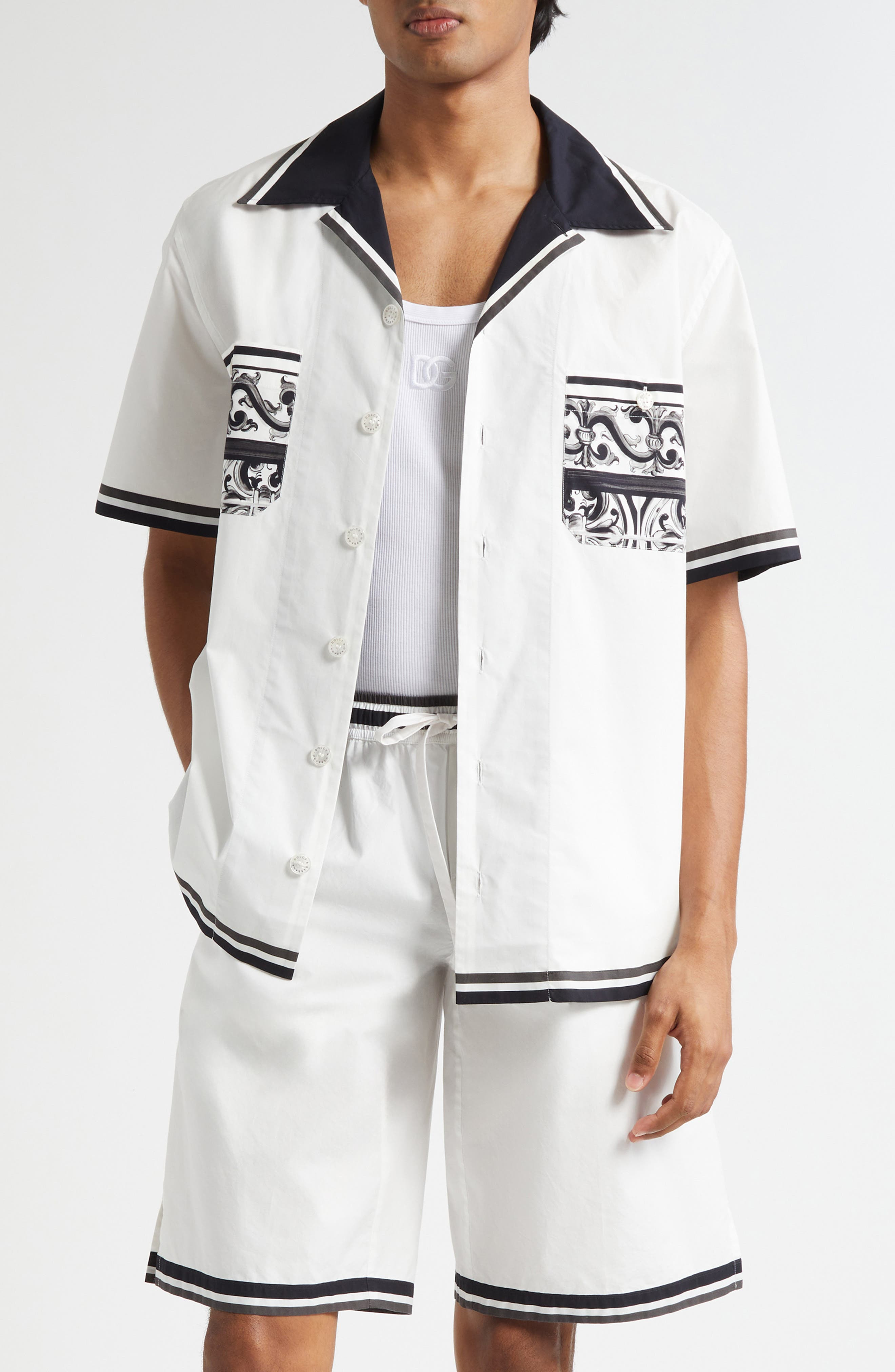 Dolce&Gabbana Majolica Print Cotton Poplin Camp Shirt in Hx5Dq Maiolica 3L Nero at Nordstrom - 1