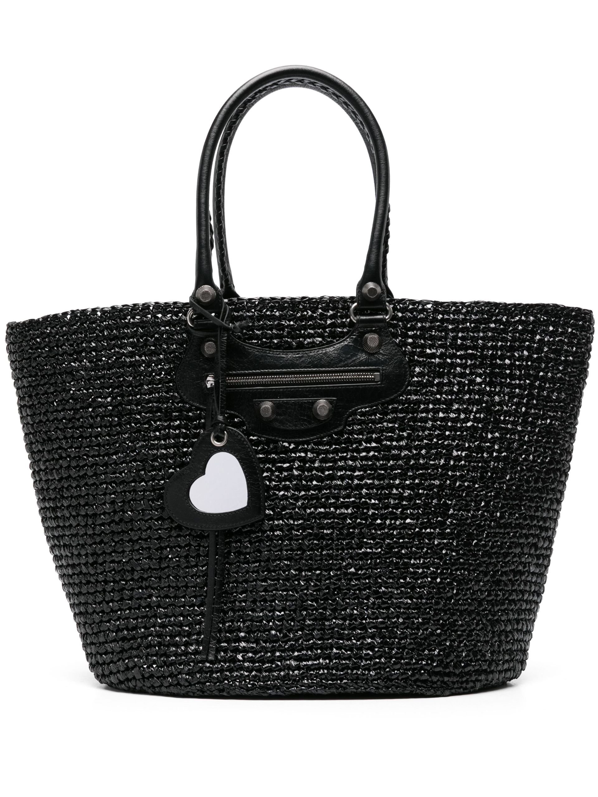 BALENCIAGA Black Le Cagole Panier Raffia Tote Bag