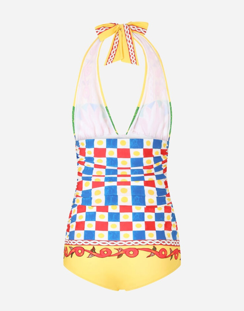 Carretto-print 한 조각 수영복 plunging neckline 3