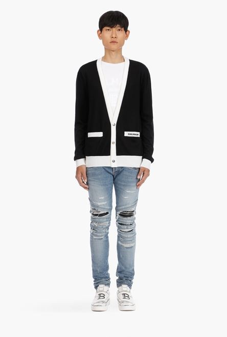 Black and white wool cardigan with small embroidered black Balmain logo - 4