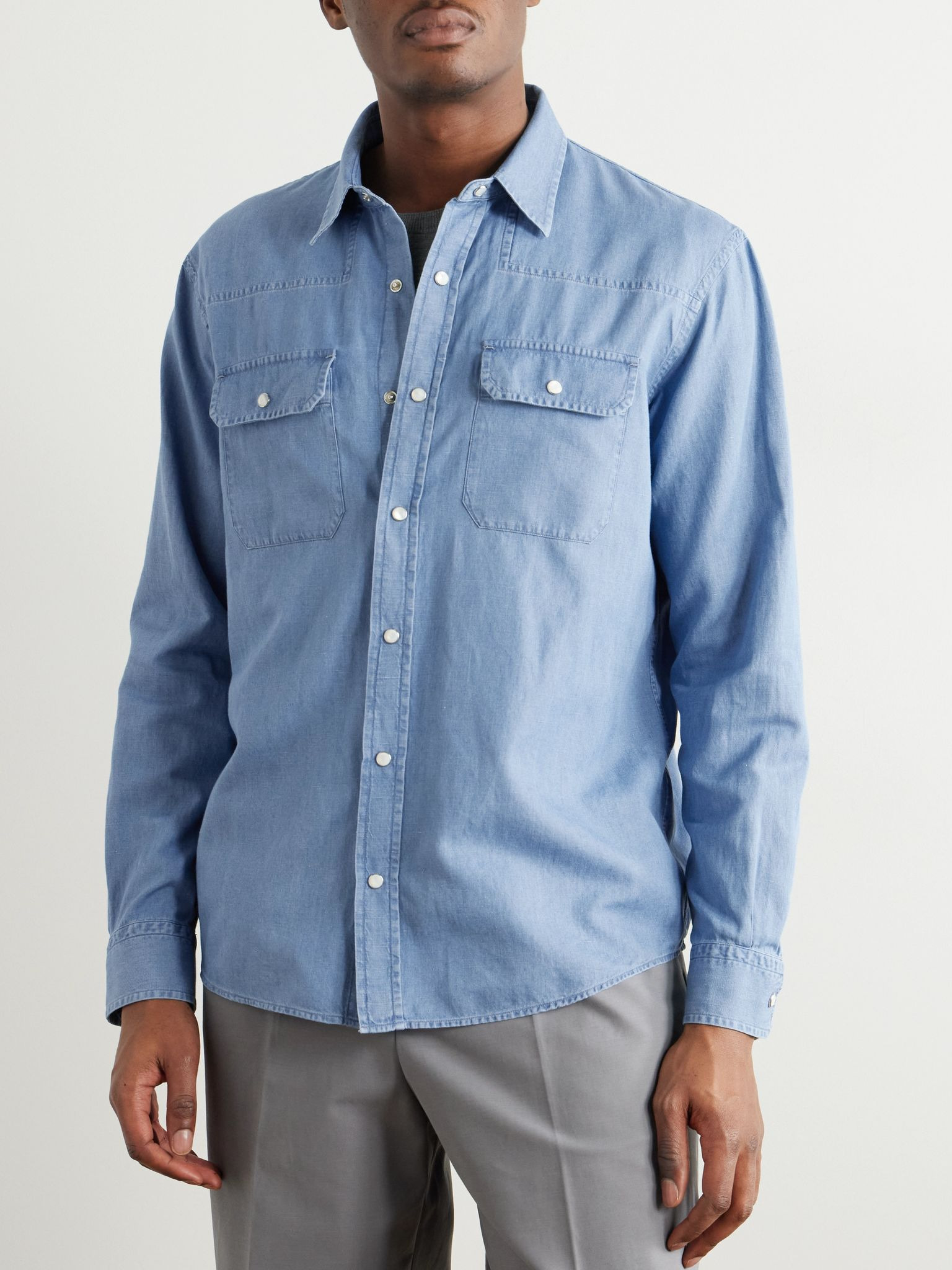 Cotton and Linen-Blend Chambray Shirt Blue - 3