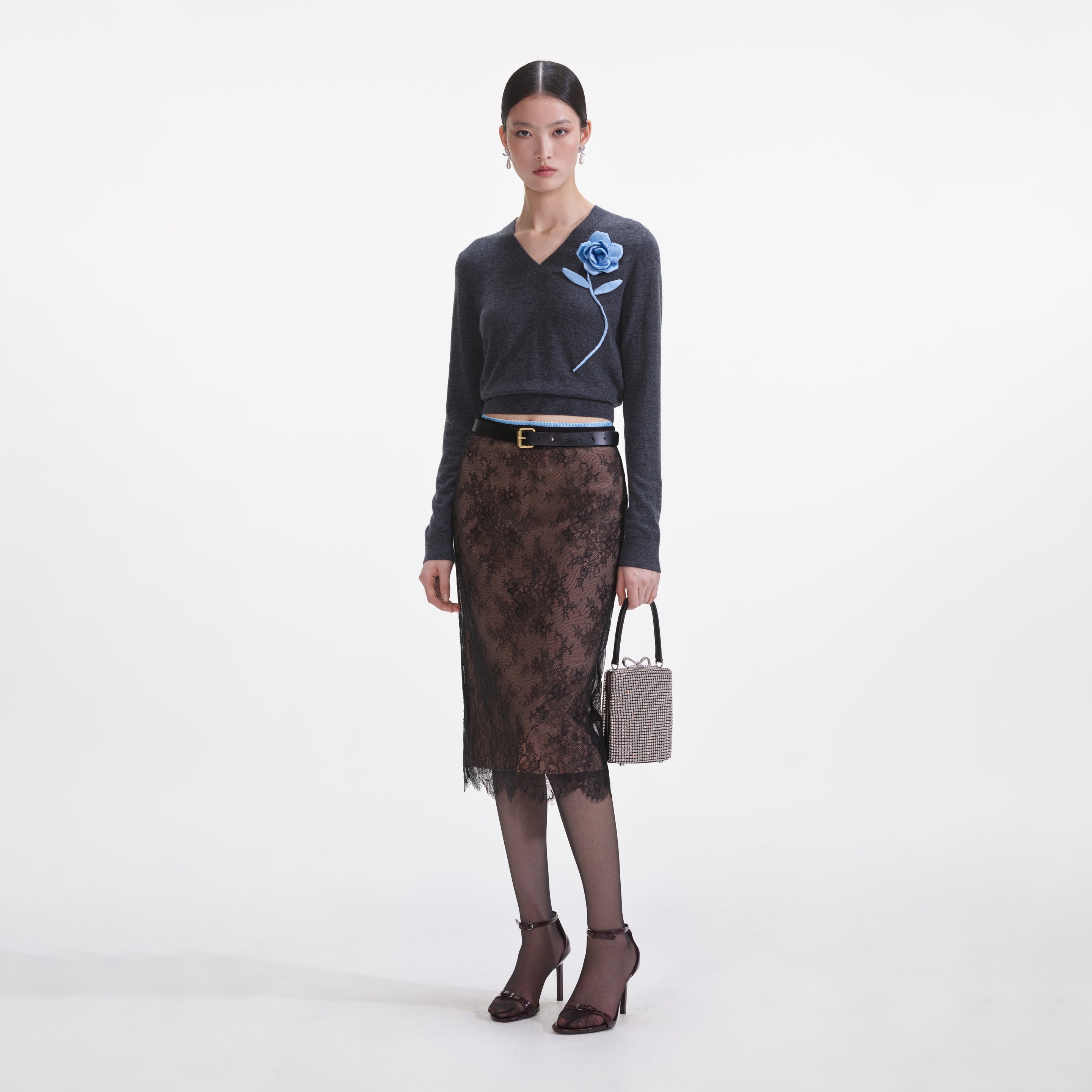 Black Lace Midi Skirt - 2